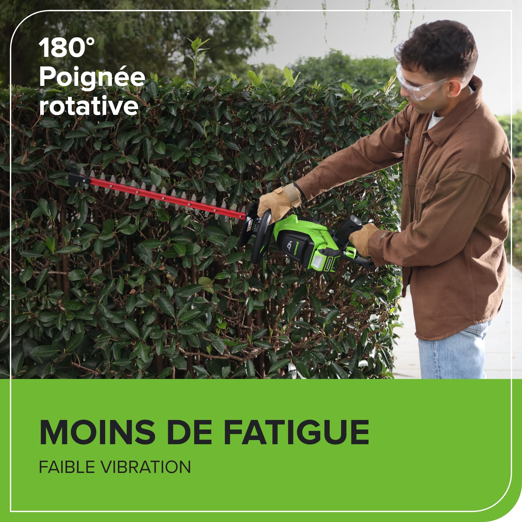 Greenworks Taille-haie sans Fil 66cm Lame à Double Action, Moteur Brushless Coupe jusqu'à 28 mm d'Épaisseur, 3400 SPM sans Batterie 40V et Chargeur GD40HT66