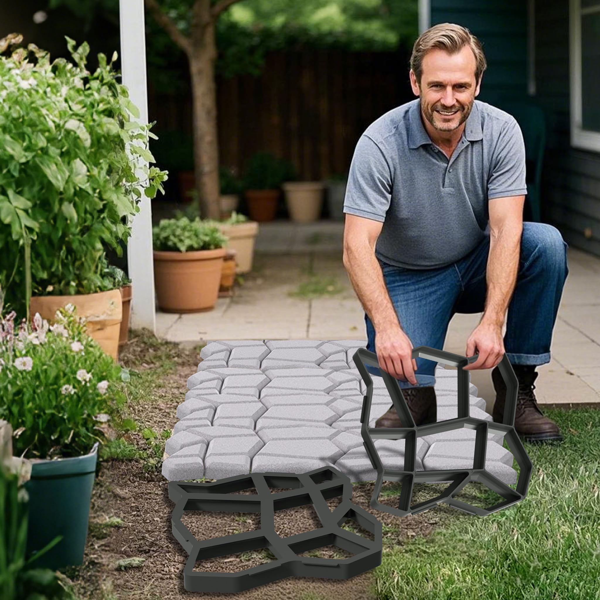 Aufun 2 moldes para pavimento DIY con 9 cámaras, formas de hormigón, 43 x 43 x 4 cm, plantillas para jardín, pavimentos, piedras para jardín, placas de terraza, molde de hormigón, negro, Tye A