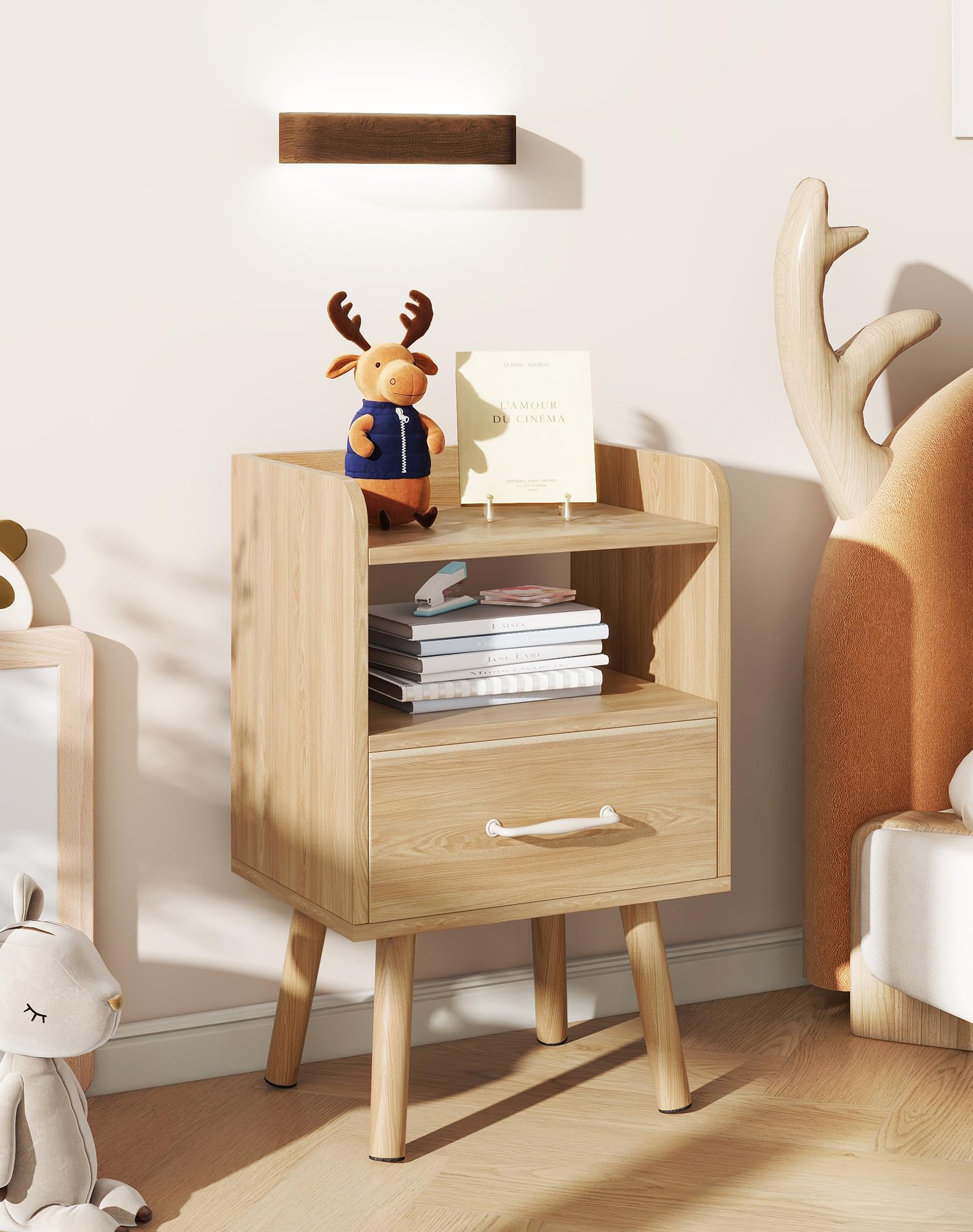 YMYNY Set de 2 Mesitas de Noche, Mesa Auxiliar de Sofá, Mesa de Madera, Cajón con Tela Removible, Ripiano Abierto, 39x29x62 cm, para Dormitorio, Salón, Natural HST021N-2