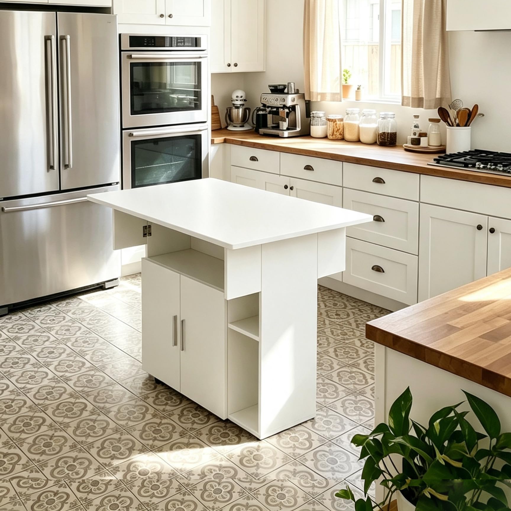 Mesas Plegables de Comedor, Mesa de Cocina Plegable con Ruedas, Aparador Muebles de Cocina con Encimera, para 4-6 Personas, 100 * 70 * 78cm Blanco | Escritorio plegable que ahorra espacio con 3 estantes abiertos y armarios, mesa de cocina abatible para 4