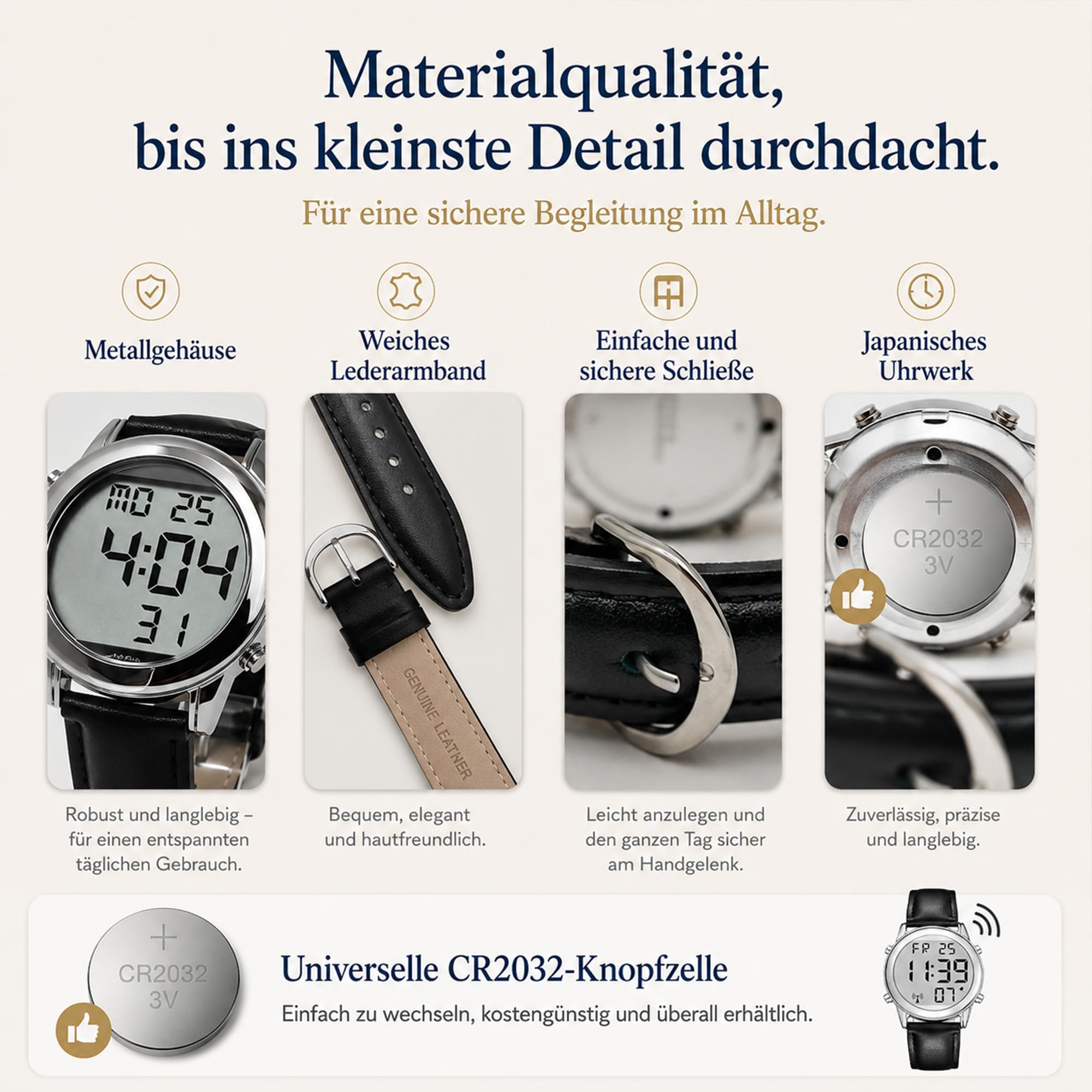 Deutsch Sprechende Herren Armbanduhr I Funkarmbanduhr I LCD Große Zahl Leicht zu Lesen I Datum- und Zeitansage I Für Blinde, Senioren und Demenzkranke