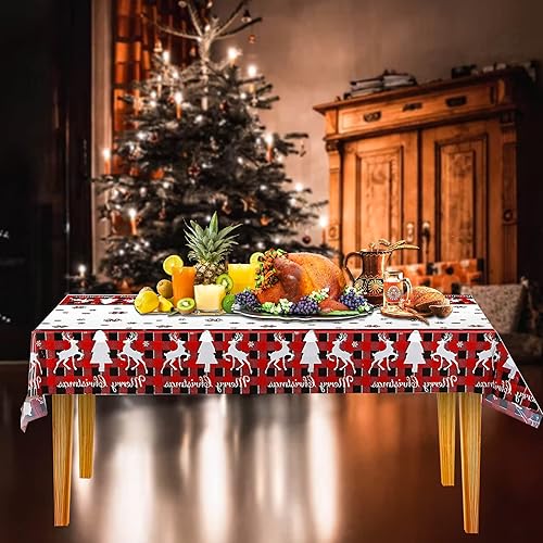 Miniatura 6 de 3 manteles de Navidad, manteles rectangulares con temática navideña con árbol de Navidad y patrón de renos para decoración de mesa de fiesta, cocina