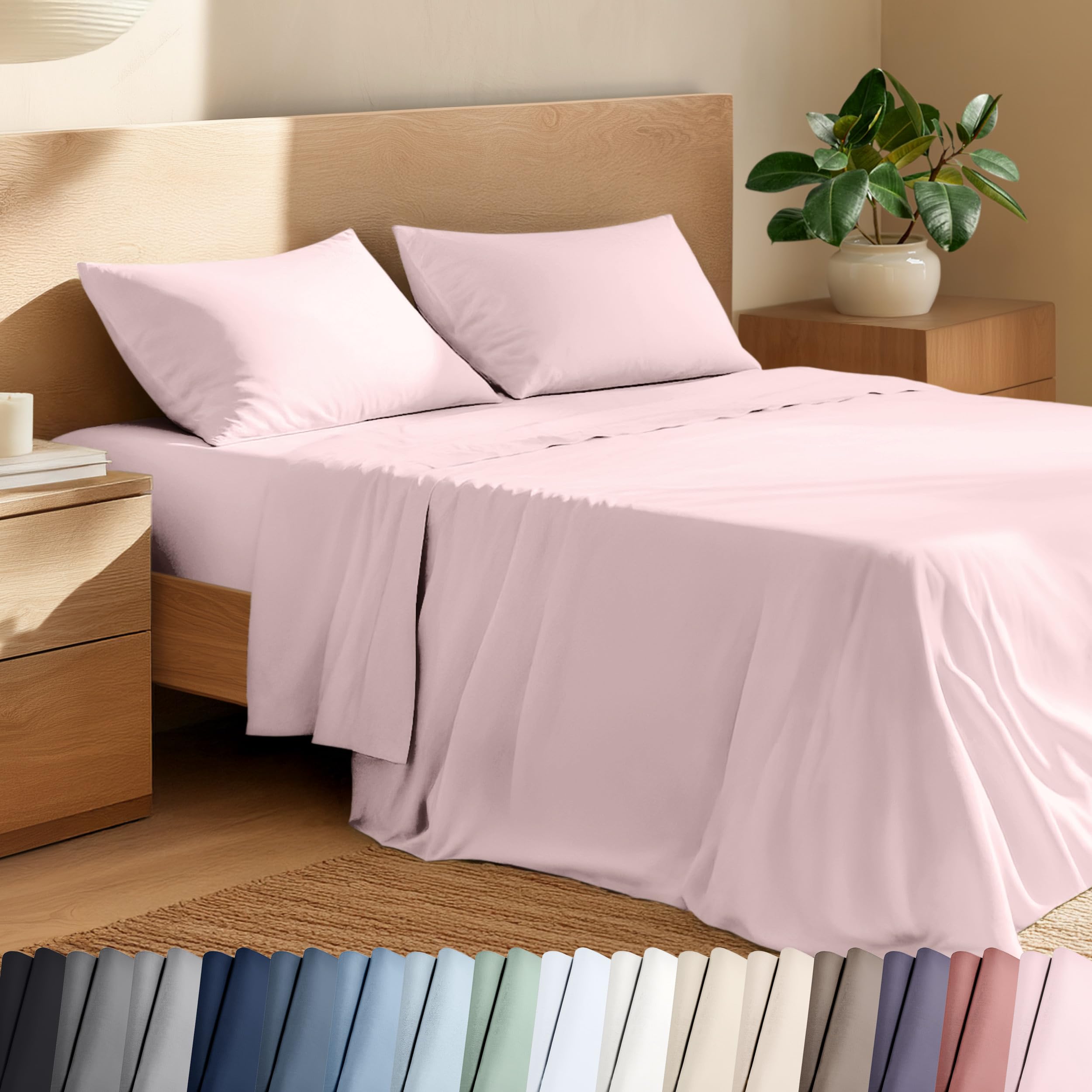bare home 100% organic cotton queen sheet set - crisp percale weave - lightweight & breathable - bedding sheets & pillowcases (queen, dusty pink)