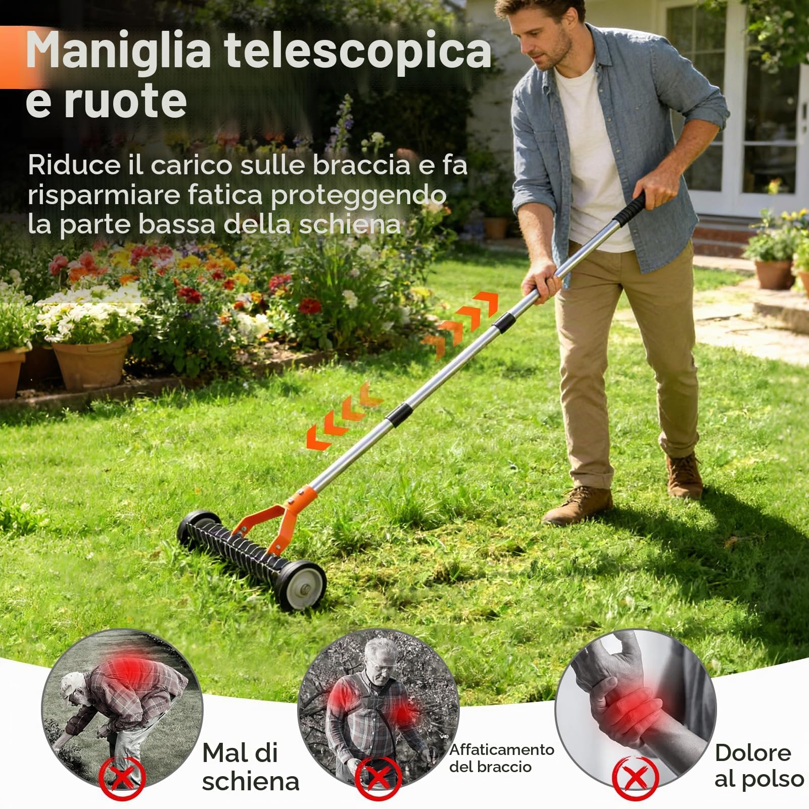 Scarificatore a mano con ruote, 166 cm, scarificatore manuale con manico regolabile, larghezza di lavoro 32 cm, 21 coltelli per scarificare, per giardino, cortile, prato, arancione