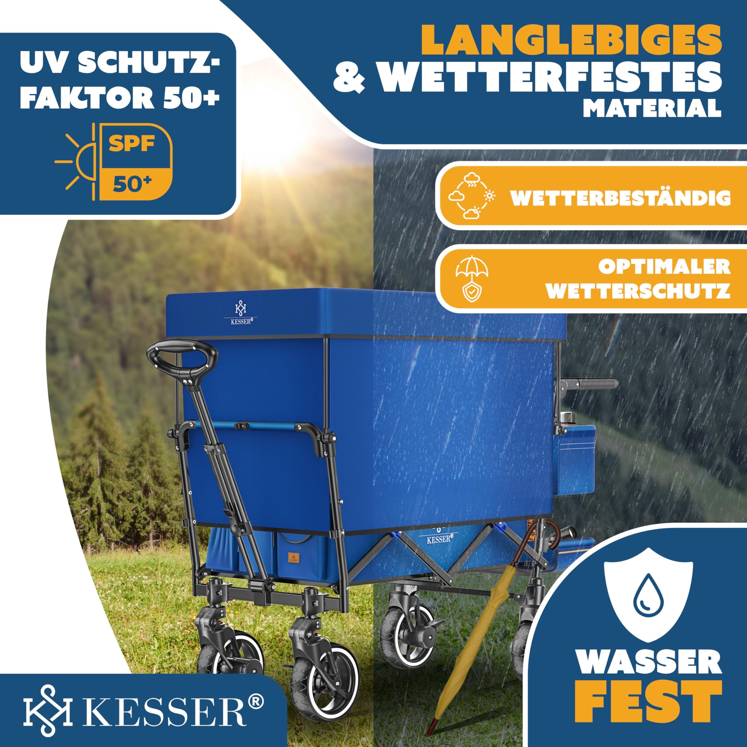 KESSER® GTS-9100 Chariot de transport pliable, toit, 150 kg, roues en caoutchouc dur, freins, serrure, couverture, intempéries, brise-vue