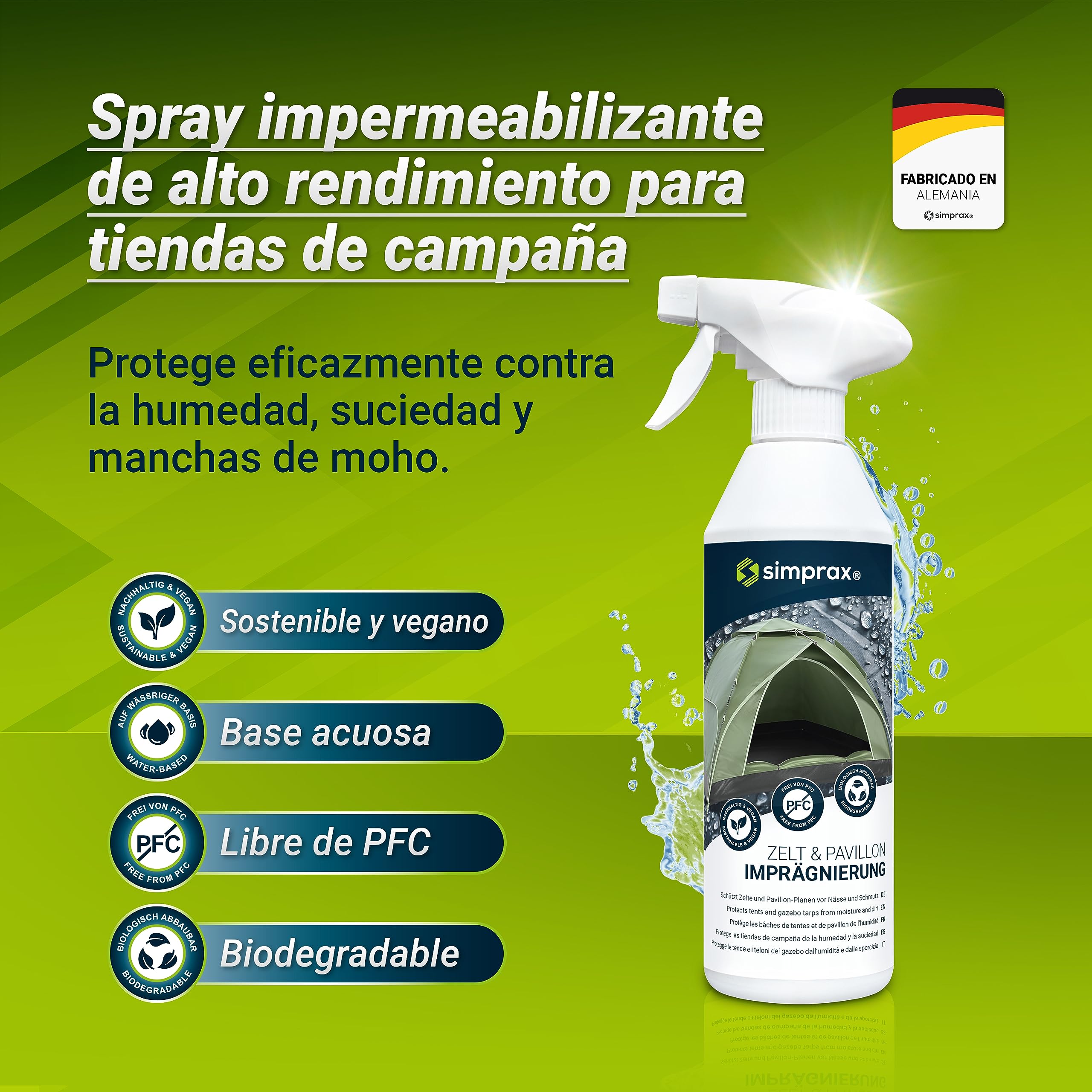 Spray Impermeabilizante Textil para Tiendas de Campaña Lonas Accesorios de Exterior - Certificado Oeko-Tex - Spray Impregnante Transparente Hidrofugo Ecologico con Protección UV - 5 L