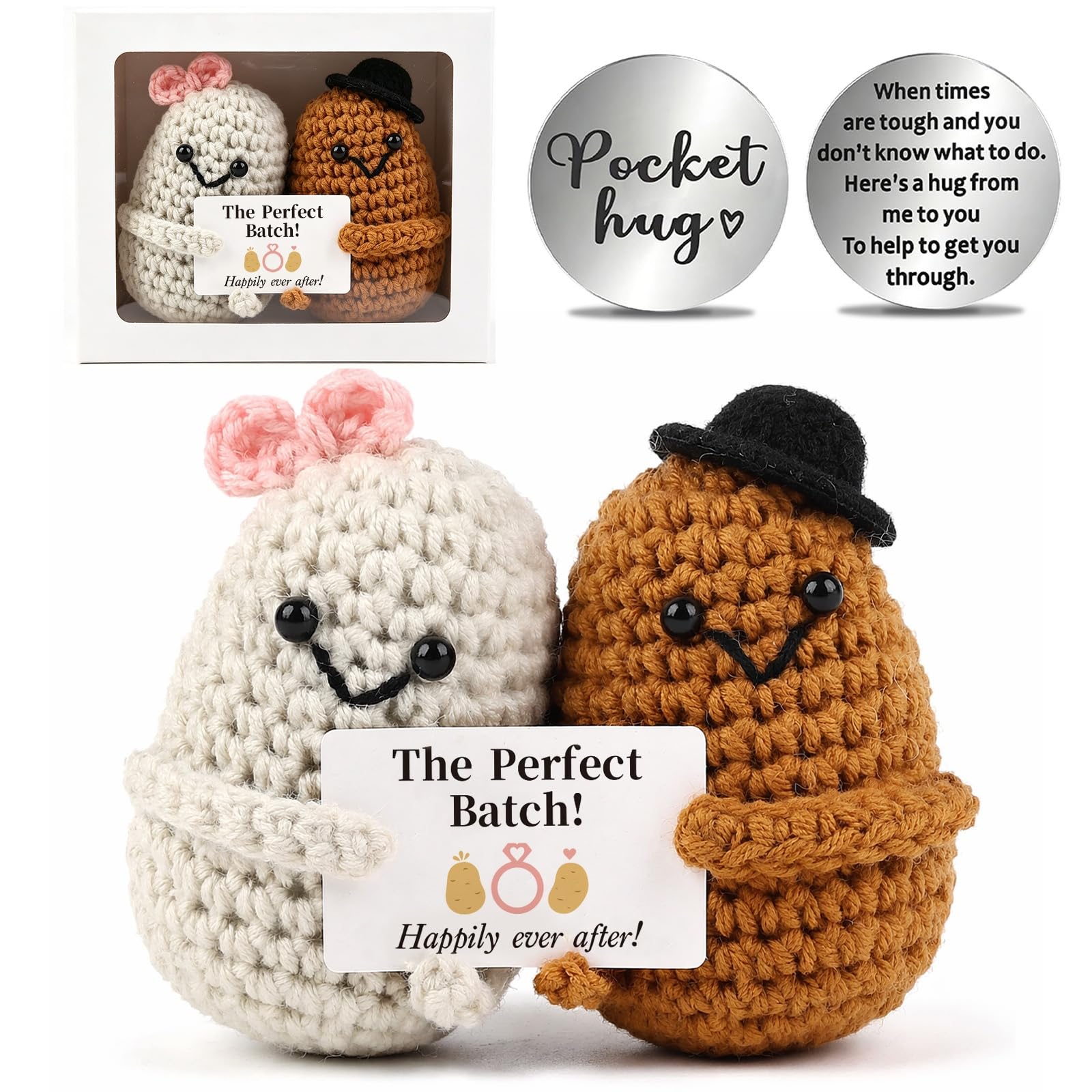 Tantanbear Positive Crochet Potato – I Love You Gift for Her Him, Romantic Wedding Couple Present, Handmade Knitted Potato Toy with Card and Lucky Handmade Coin
