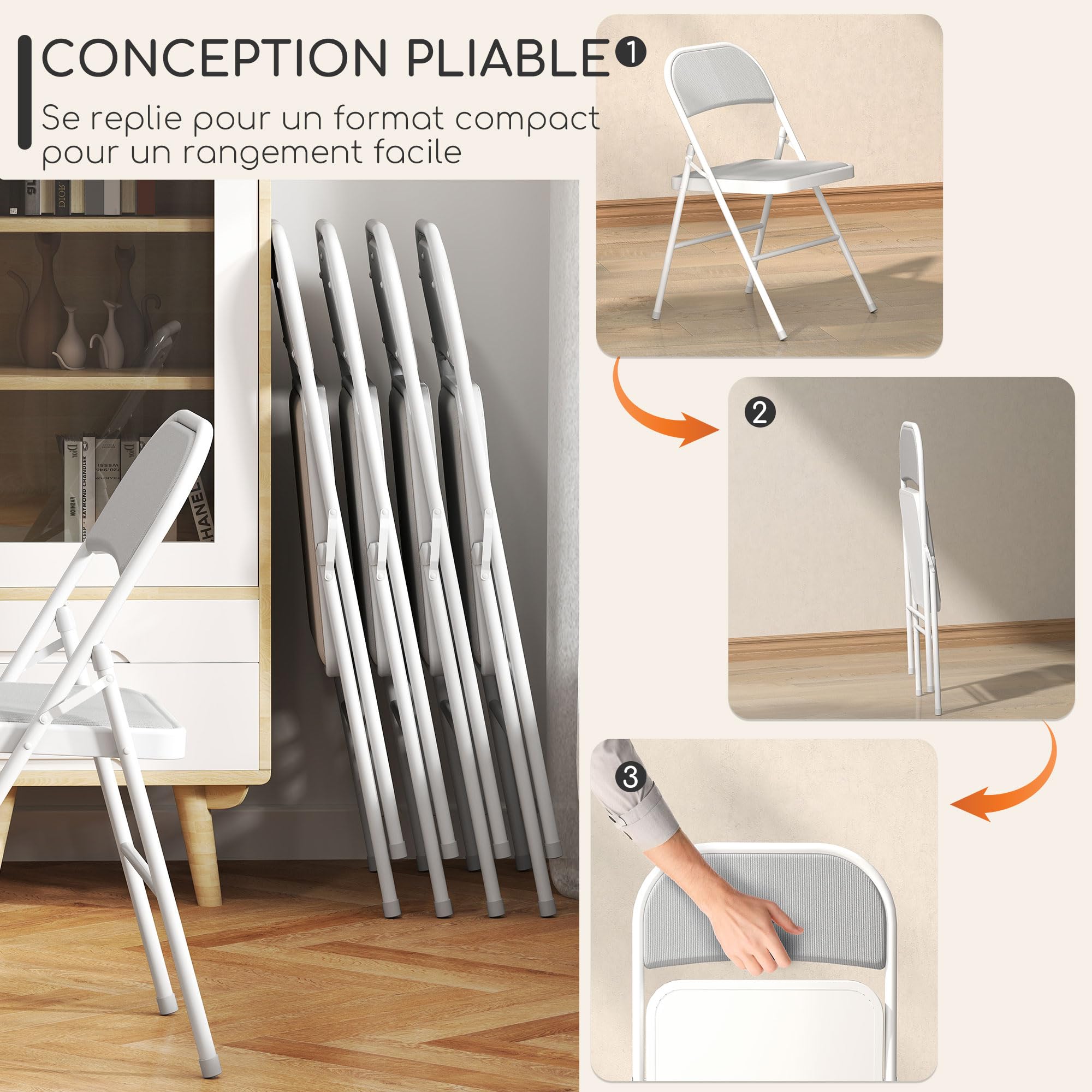HOMCOM Lot de 4 chaises Pliantes chaises de Salle à Manger Portables Chaise Pliable d'intérieur avec siège rembourré en Velours côtelé et Cadre en Acier dim. 45l x 46P x 78H cm Blanc