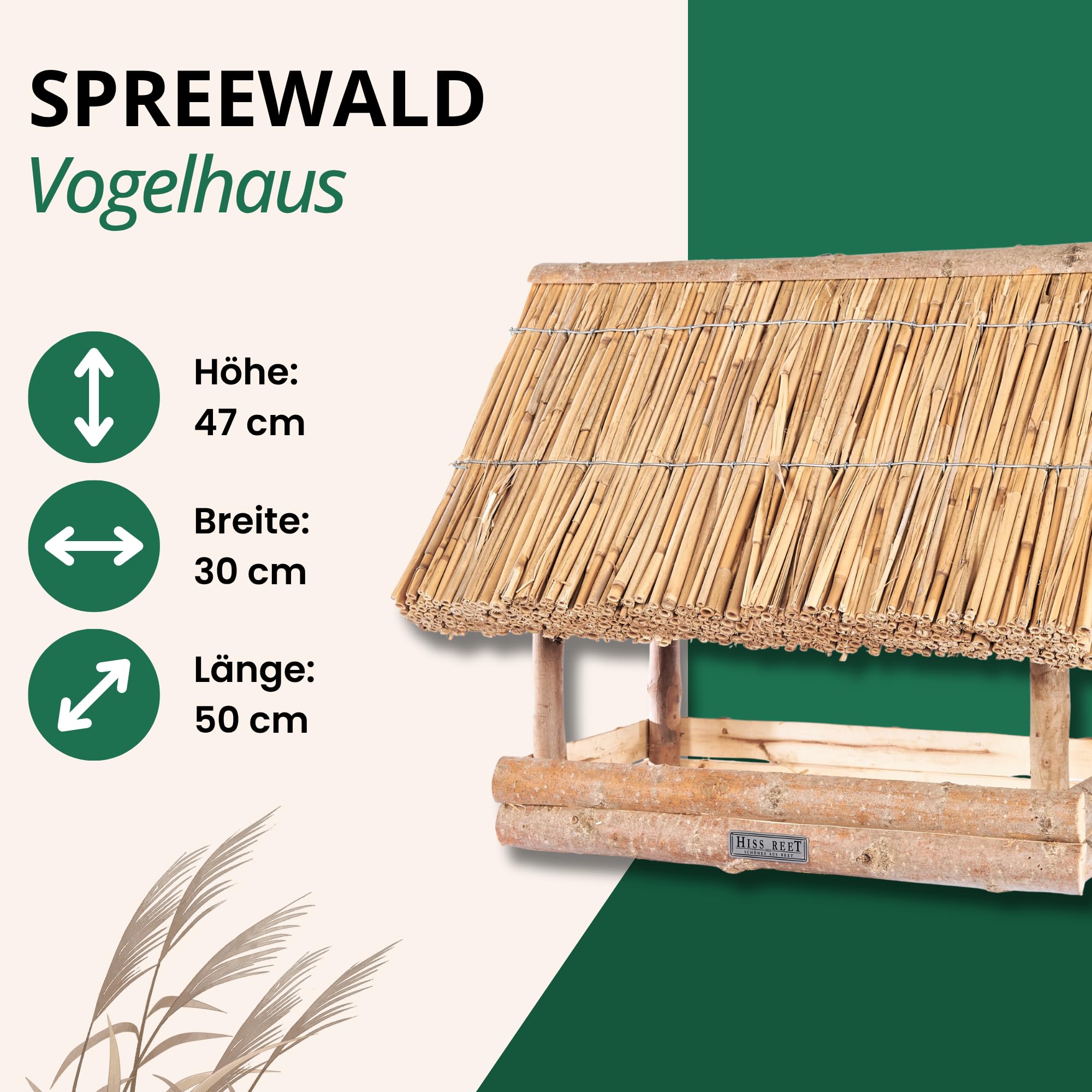 Vogelhaus mit Reetdach | Vogelfutterhaus SPREEWALD | Größe L | Holz Futterhaus für Vögel aus 100% Handarbeit I Ideal für Balkon, Garten & Terrasse I Witterungsbeständig