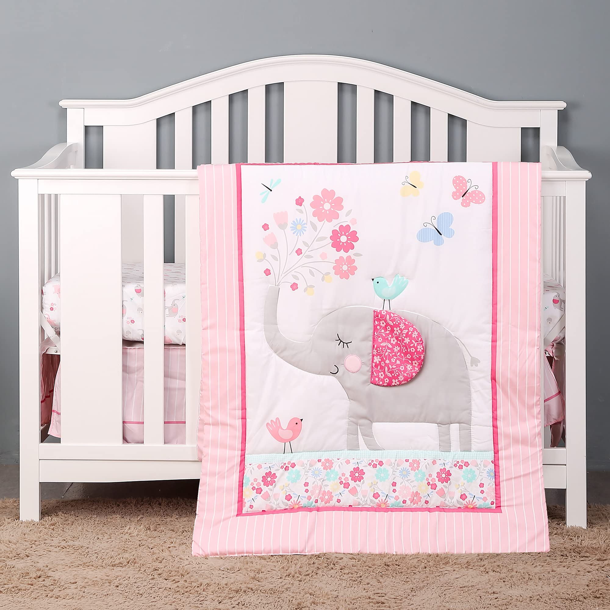 Baevellery Crib Bedding Sets for Girls Soft Cute Elephant Floral 3piece Baby Girl Nursery Bedding for Standard Size Pink White