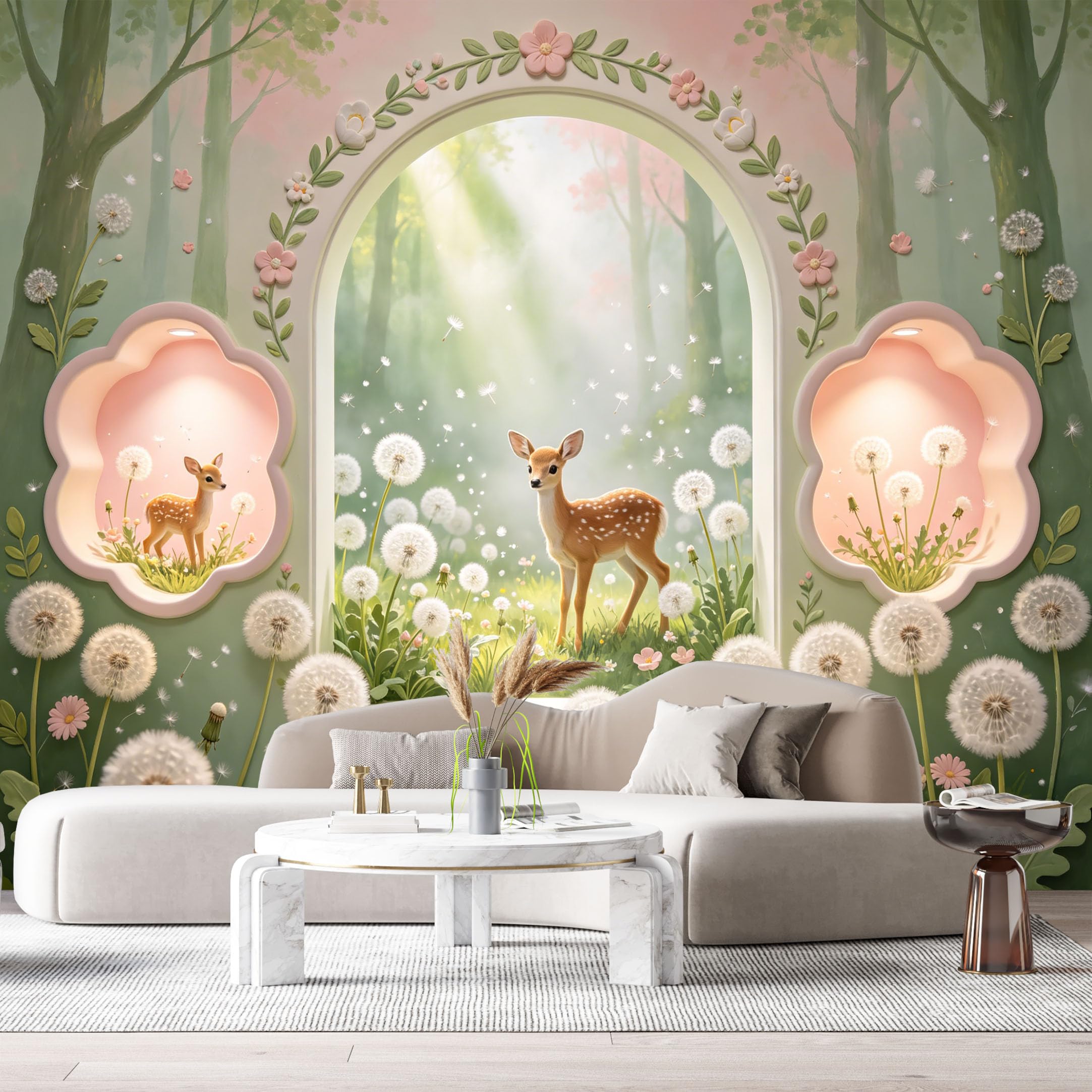 Custom Size Wall Murals Magical Forest Fawn Pastel 3D Trompe L'Oeil SelfAdhesiveWall Fabric Removable Wallpaper Wall Decor for Living Room Bedroom Bathroom