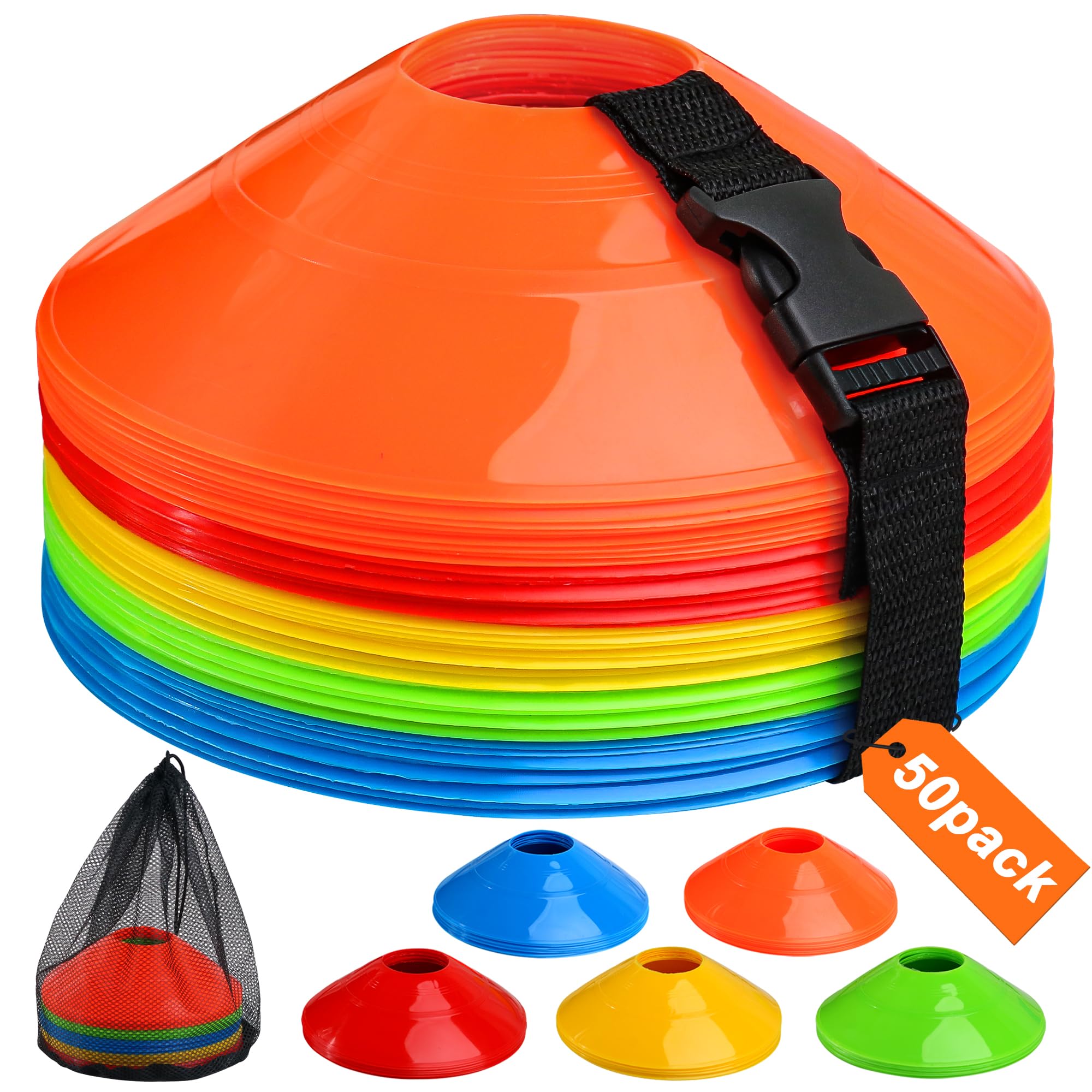 50 Pack Football Training Cones, Football Sports Cones Marker Disc Cones Set with Carry Bag and Locking Strap,Training Equipment for Kids Football Practice, Sports, Games