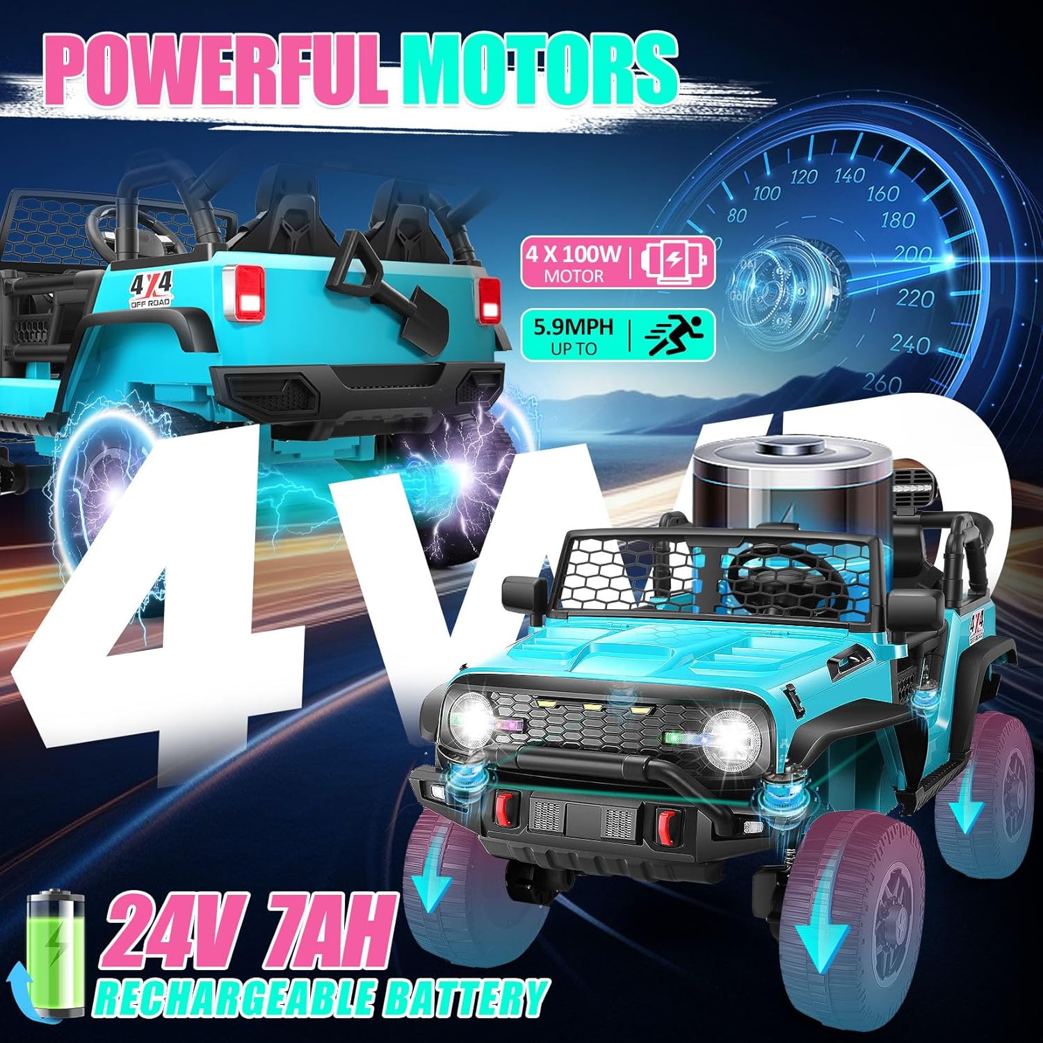 Hikole Two Seater Ride on Cars for Kids, 24V Electric Ride on Toys for Big Kids W/Parental Remote, 4x100W Powerful Wheels, Music, LED Lights, 4WD/2WD Switchable, Battery Powered Car Boys Girls, Blue