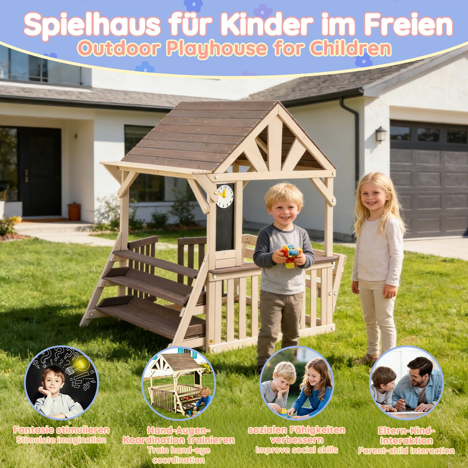 Outdoor-Küchenspielset Holz, regensicheres Dach, Geländer, ab 3 Jahren, für Garten