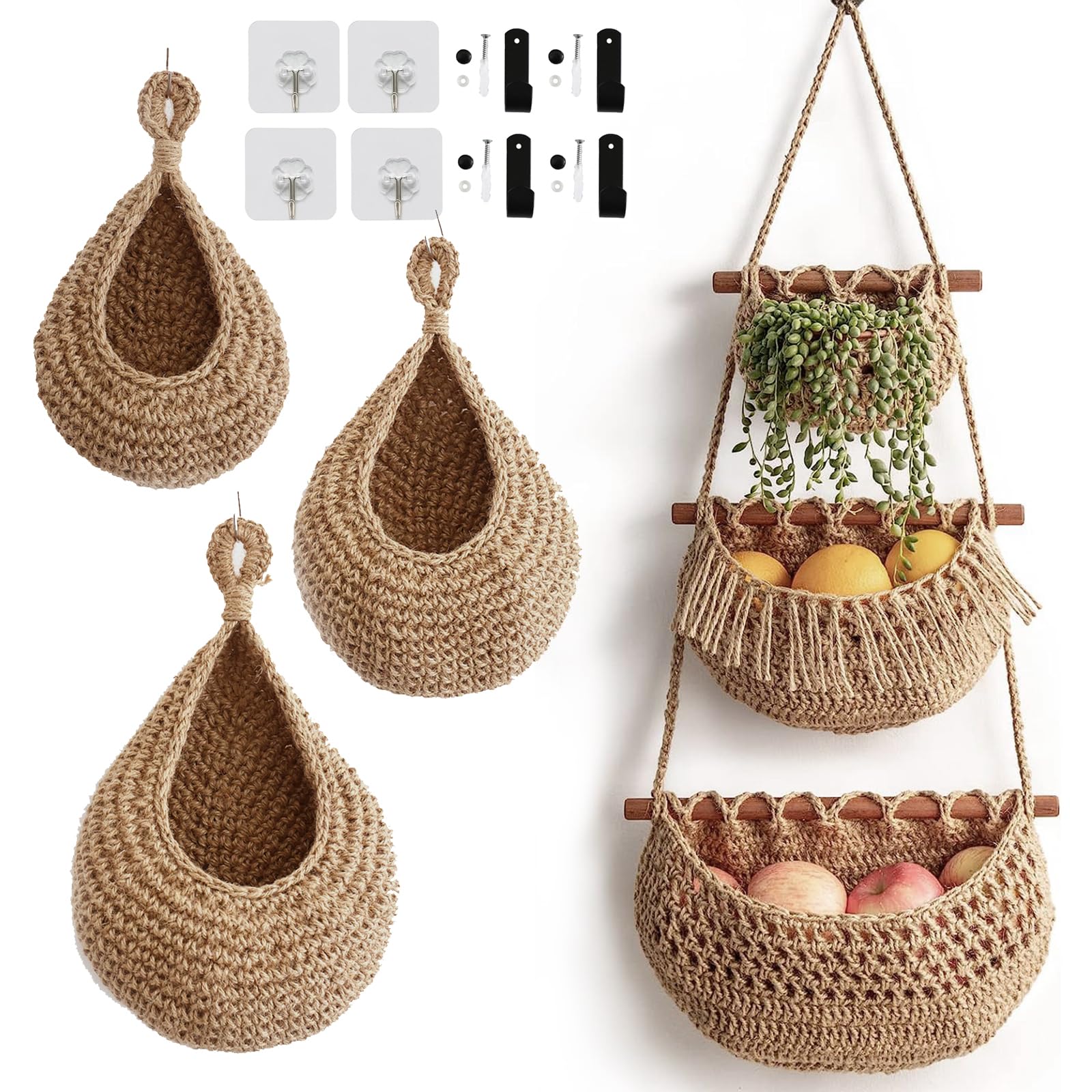 Lot de 4 corbeilles à fruits à suspendre au mur pour fruits et légumes, corde de jute tissée, support de rangement mural à suspendre sur la porte, organiseur avec 8 crochets pour cuisine, chambre à