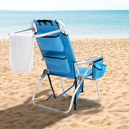 Miniatura 2 de Silla de playa plegable alta con toallero, 5 posiciones ajustables, toallero, enfriador y bolsa de almacenamiento, portavasos y soporte para