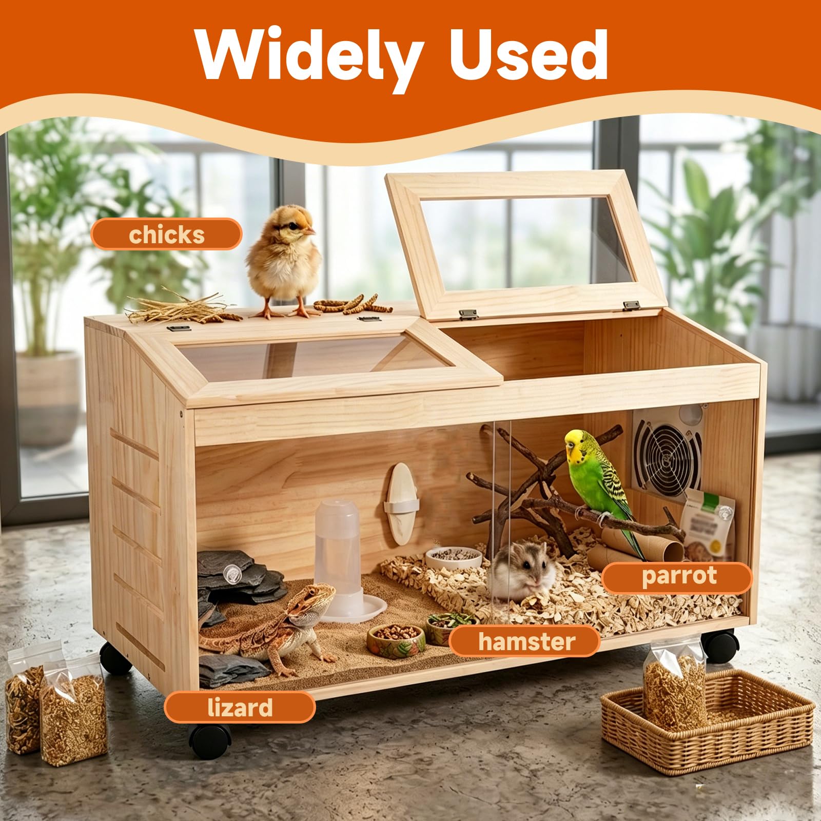 Caja de cría de pollitos, casa de cría de aves de corral con calentador y alimentador, incubadora de madera para pollitos, patos, codorniz, loro, hámsteres, lagartos