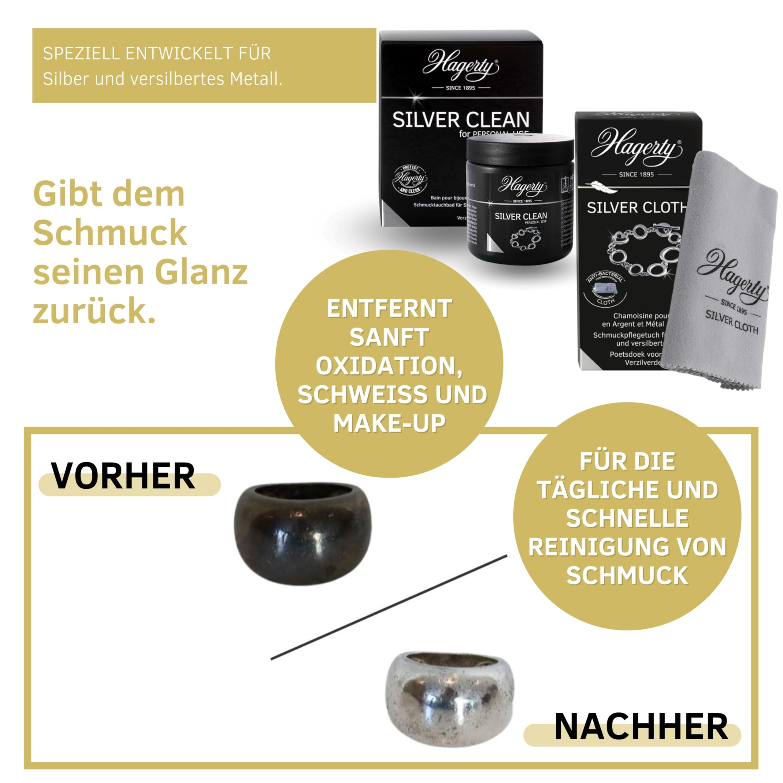 Hagerty Set Silver Clean Schmucktauchbad + Silver Cloth Schmuck Reinigungstuch für Silberschmuck und versilbertem Schmuck I Effektiver Schmuckreiniger und Poliertuch für erneuerten Glanz und Pflege | Für Silberschmuck und versilberten Schmuck, Effektiver