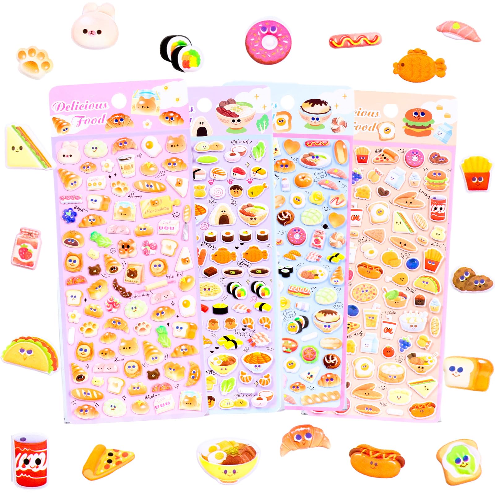 IMNEXT2U Cute Food Puffy Stickers for Kids Scrapbooking, Water Bottle, Kawaii Sushi Burger Taco Bakery Set