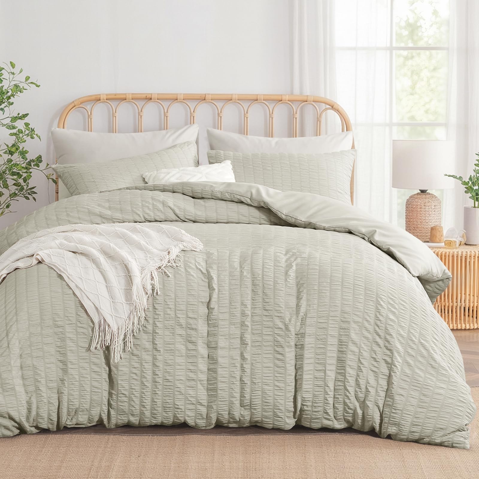 Aisbo King Size Duvet Cover Sets Beige Seersucker Bedding Set with 2 Pillowcases, Soft Breathable Textured Puckering Bed Quilt Cover Set with Zipper (230×220cm) 3pcs — image 1