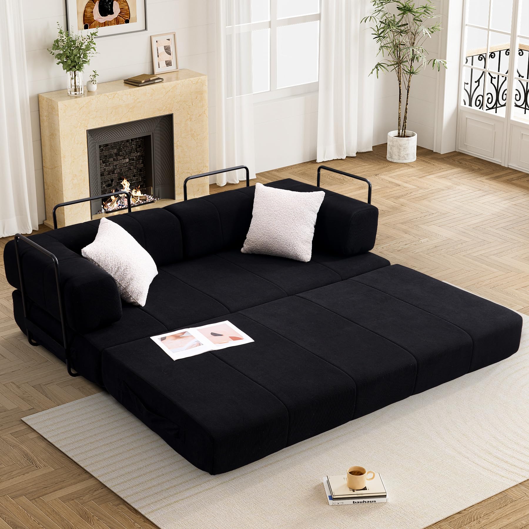 DAMAIFROM コンバーチブルスリーパーソファベッド、コーデュロイ折りたたみマットレスソファ、固定フレーム付き、フロアソファラウンジカウチ、枕付き折りたたみ式レイジーソファ、リビングルーム、ベッドルーム用、ジェットブラック