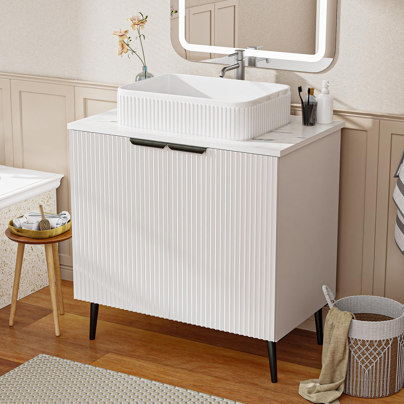 Badmöbel Set Waschbecken mit Unterschrank 75 cm Breit, Freistehend Waschtisch mit Unterschrank, Gäste-WC & Bad, Soft Close Türen, Wellen-Design, Marmorierte Waschtischplatte, Keramikwaschbecken