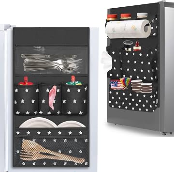 Dorm Room Essentials Mini Fridge Organizer, Hanging Over Fridge Storage Organizer, College Caddy with 14 Pocket for Office, Kitchen, Home, School Black