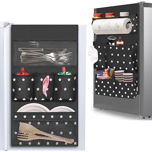 Dorm Room Essentials Mini Fridge Organizer, Hanging Over Fridge Storage Organizer, College Caddy with 14 Pocket for Office, Kitchen, Home, School (Black)