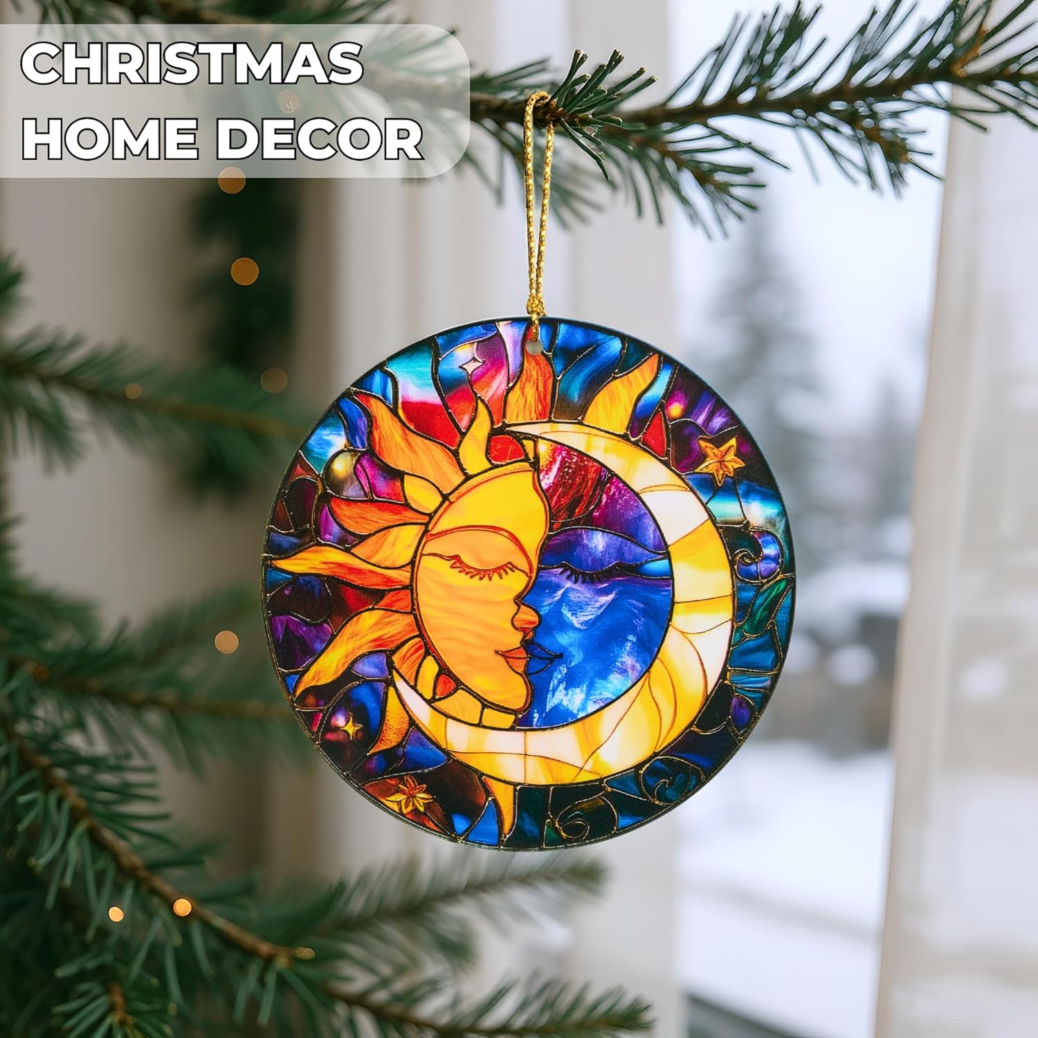 Sun and Moon Christmas Ornaments Decorative Ornament Round Acrylic Stained Glass Effect Window Hanging for Celestial Decor Moon Decor Sun Decor Sun, Hanging Tree Thanksgiving Gifts - Image 8