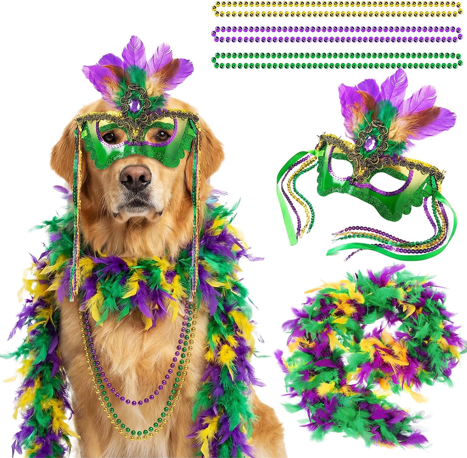 LEIFIDE 5 Pcs Mardi Gras Dog Costume Mardi Gras Pet Mask with Collar Carnival Masquerade Pet Accessories Set Golden Green Purple Puppy Dress up Feather Boa for Medium Large Dogs Outfit Decor