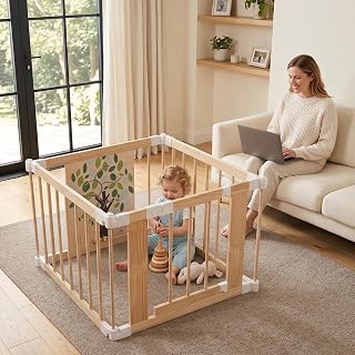 Wooden Baby Playpen with Child Safety Lock, 4-Panel Adjustable Foldable Play Yard for Toddlers, Tree Activity Board Montessori Playpen, Portable Indoor Baby Fence & Activity Center for Infant