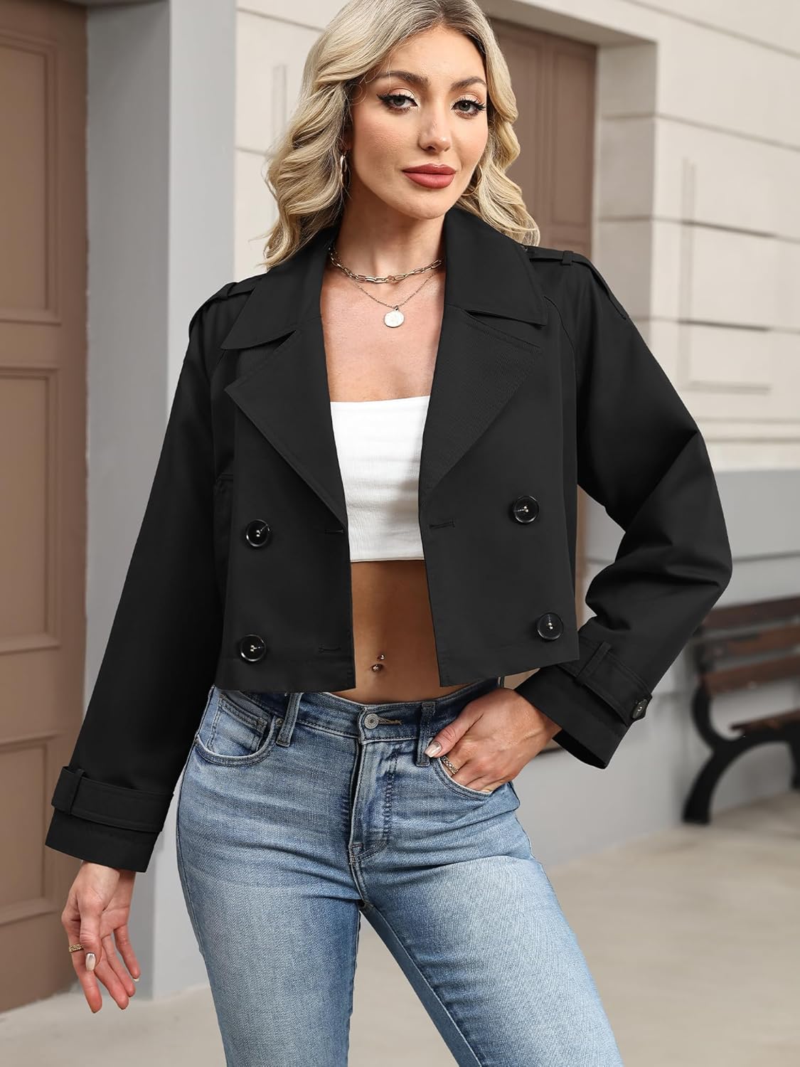 ELLEVEN Womens Cropped Trench Coat, Casual Double Breasted Short Jackets Long Sleeve Loose Fit Fall Coats Fashion Outwear - Image 5