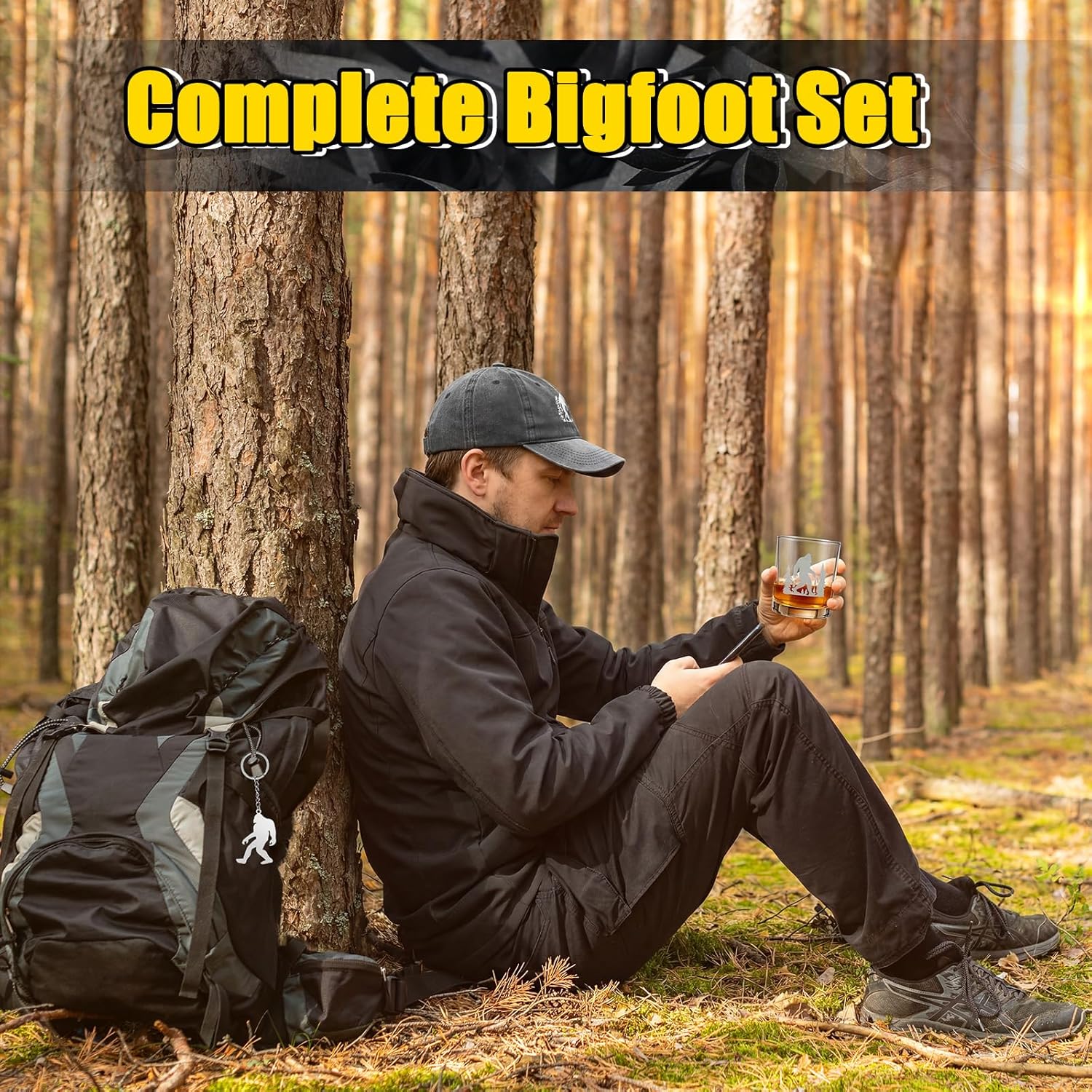 Geiserailie 9 Pcs Big Foot Sasquatch Gifts Sasquatch Lovers Gift Baseball Cap Tumbler Glass Keychain Socks Bottle Opener Folding Knife Raffia Toiletry Bag Box Set for Men Women Bigfoot Lover (Whiskey)