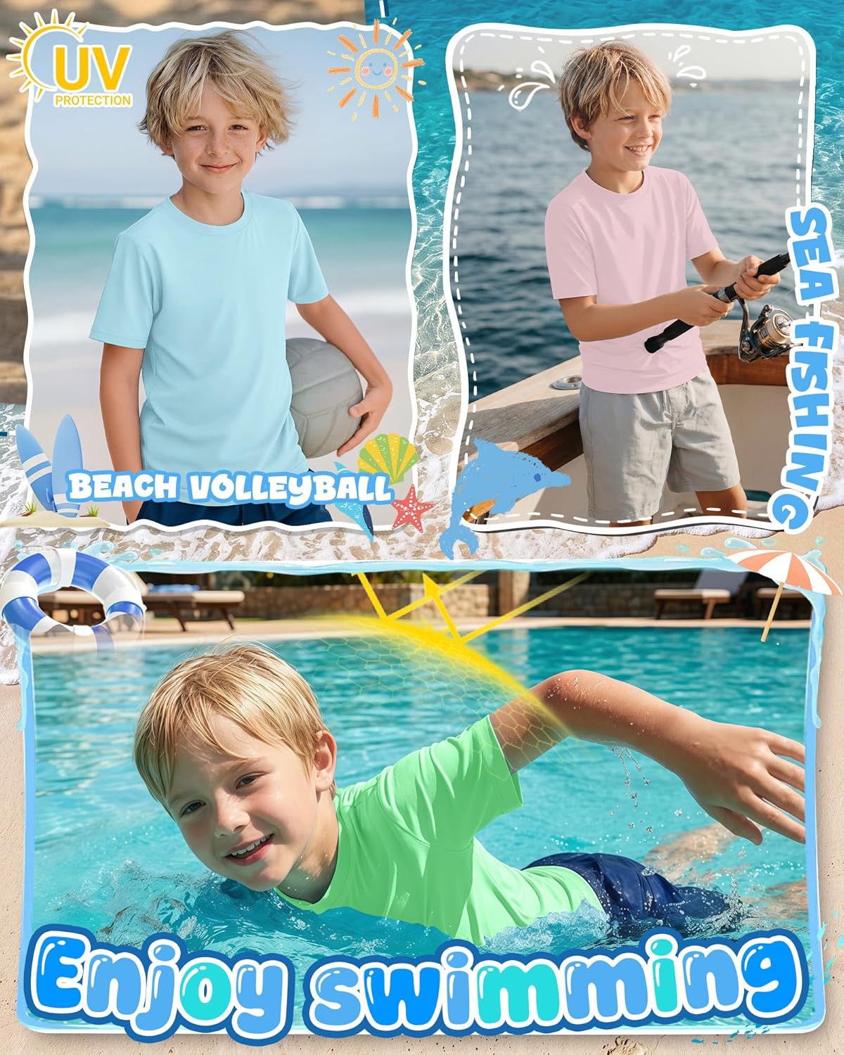 Yooo's Vivi 5 Pack Boys' Rash Guard Swim Shirts UPF 50+ Short Sleeve Sun Protection Tops Quick Dry Water Sport Swimwear 5-14Y