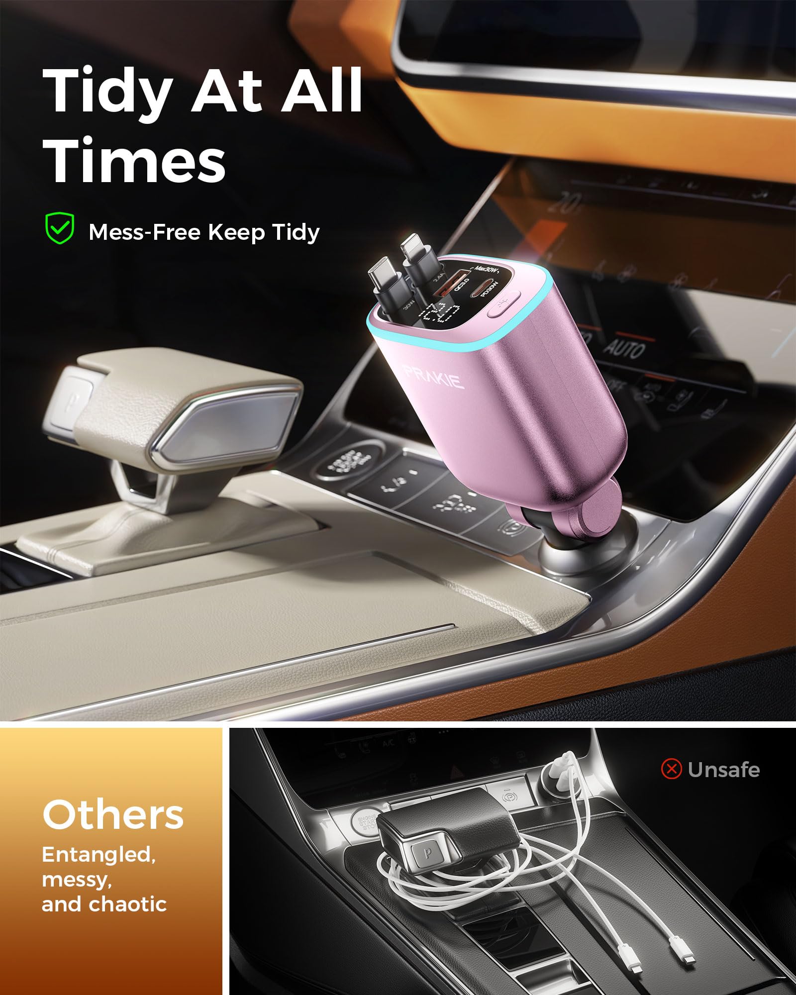 Caricabatteria da auto per iPhone con 2 cavi USB C retrattili - Rosa