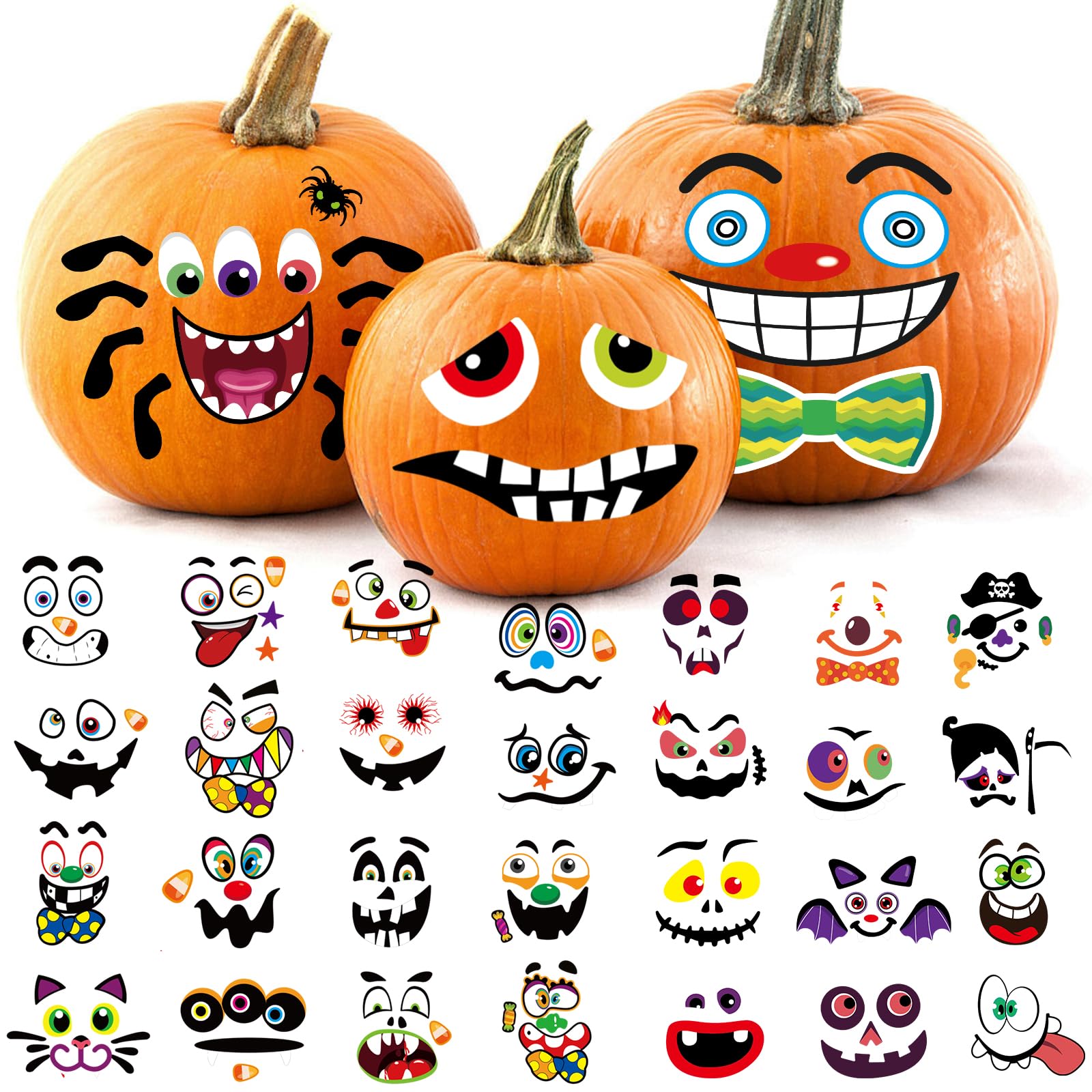 Aowplc Halloween Pumpkin Decorating Stickers - 16 Sheets with 32 Fun Faces for Small Pumpkins, Perfect for Halloween Crafts, Party Favors, Trick-or-Treat, and Activities