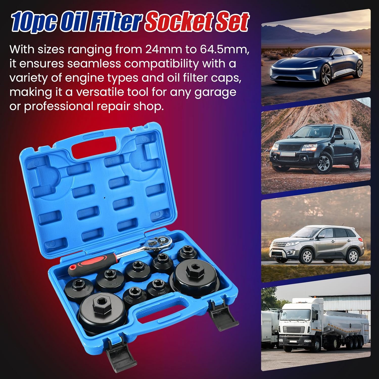 NYXOVA 10PC Oil Filter Wrench Set, Metric Oil Filter Cap Socket Kit, 3/8" Drive, Includes 24-65mm Sizes, Low Profile Removal Tools for Oil Change, Compatible with Toyota, BMW, Mercedes, VW