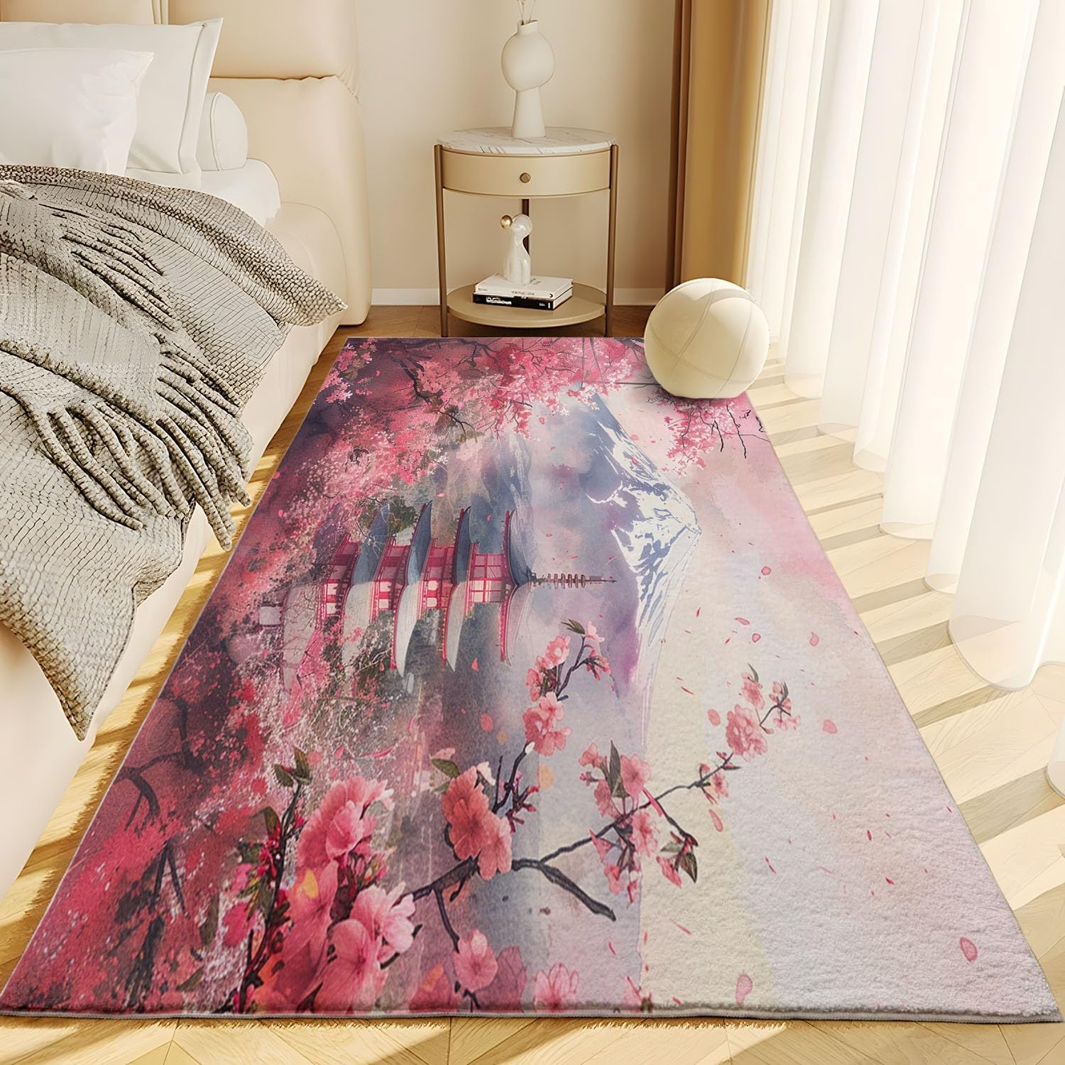 Generic Japanese Style Cherry Blossoms Mountain Area Rug 2x3, Soft Non-Slip Large Living Room Rug, Machine Washable Modern Geometric Bedroom Rug, Mat Carpet for Sofa Kitchen Dining Kids Room