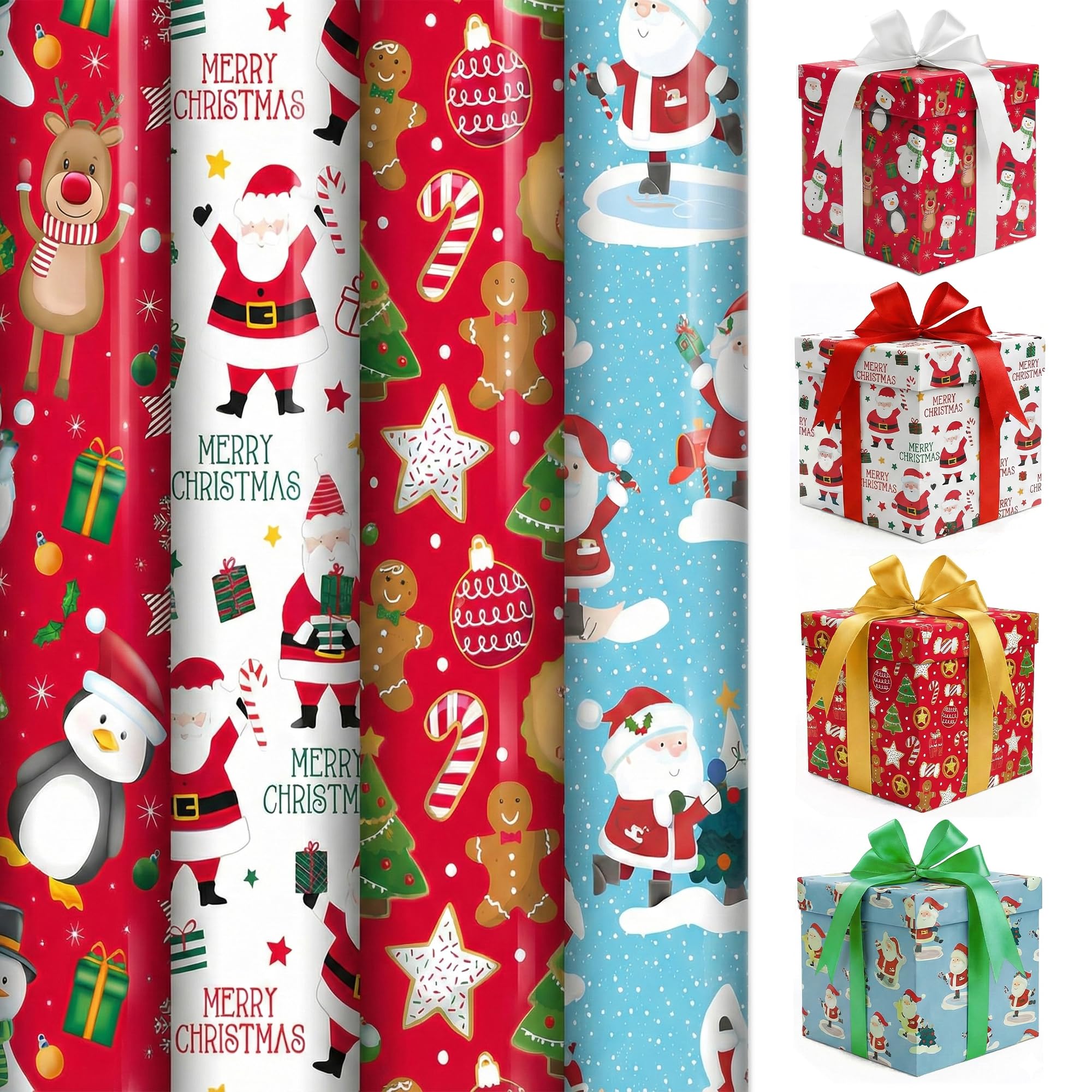 4 x 7M Cute Christmas Wrapping Paper Rolls - Total 28M Gift Wrap Set Perfect for Christmas, Birthday, Festival, Party or Wedding Gifts & Festive Decoration - Santa, Reindeer & Penguin Designs by ANGIX