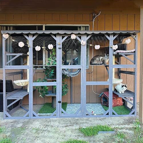 Aivituvin Catio - Ventana de recinto para gatos al aire libre, gran corralito para gatos montado en la pared con postes para rascar, cesta,