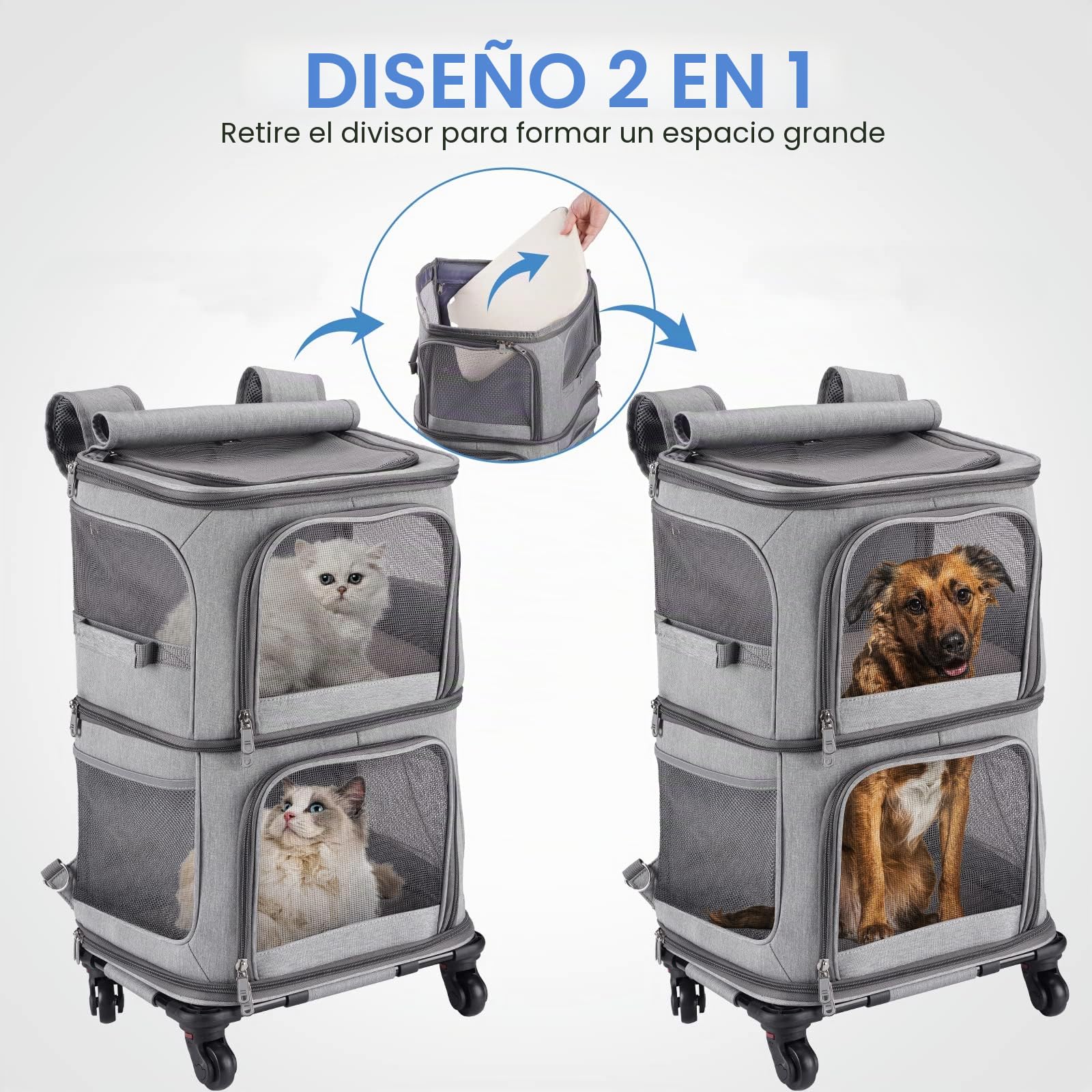 Mochila doble para gatos con ruedas desmontables, bolsa de viaje portátil, mochila plegable para 2 gatos/perros pequeños/conejos, gris