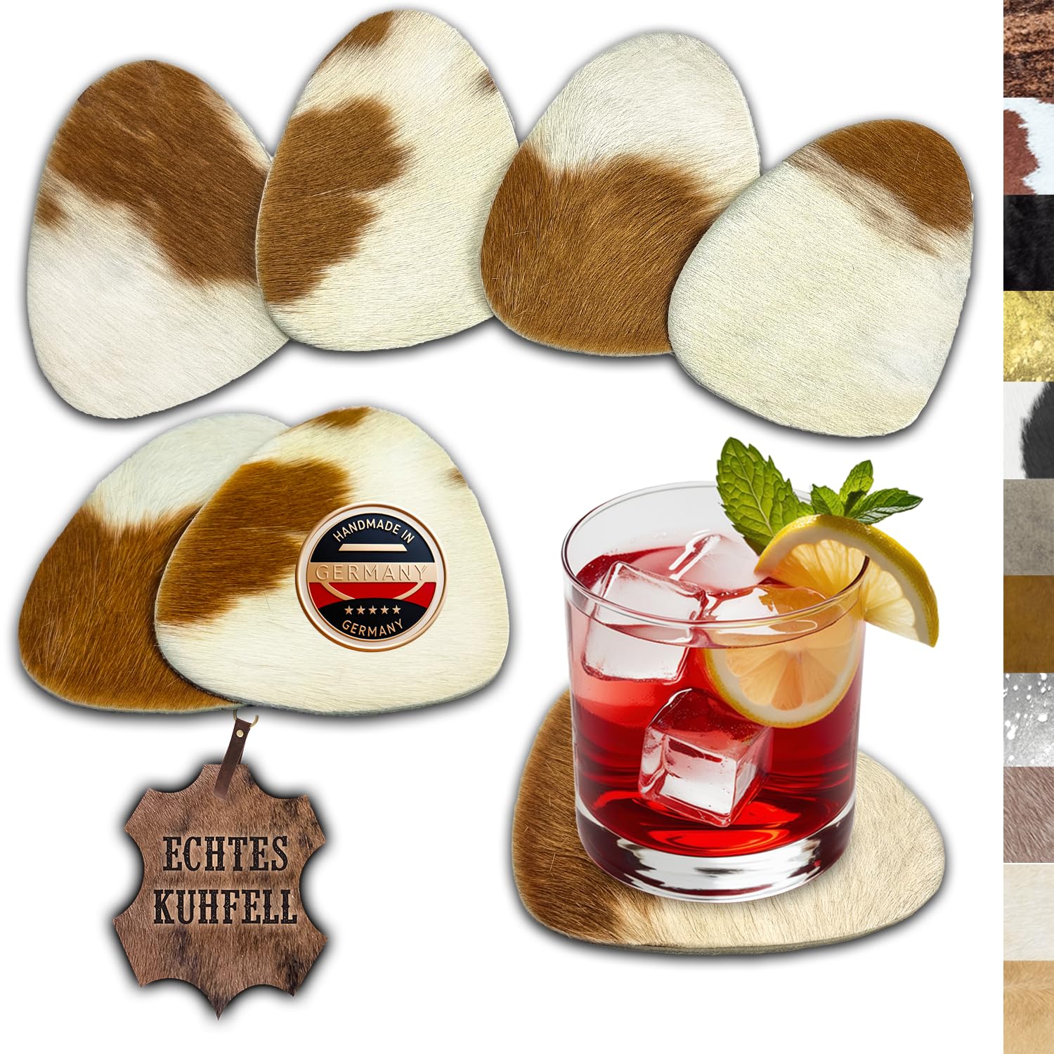 Dessous de verre en peau de vache véritable ovale marron et blanc haut de gamme