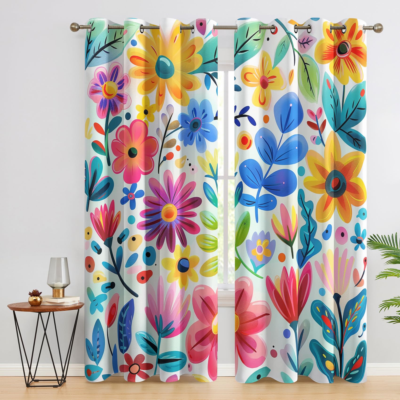 Bunt Geblümt Vorhänge, Verdunklungsvorhänge mit Muster Bunt, Vorhang Blickdicht mit Ösen, Gardinen für Wohnzimmer Schlafzimmer Deko 2er Set - 137x117 (H X B)