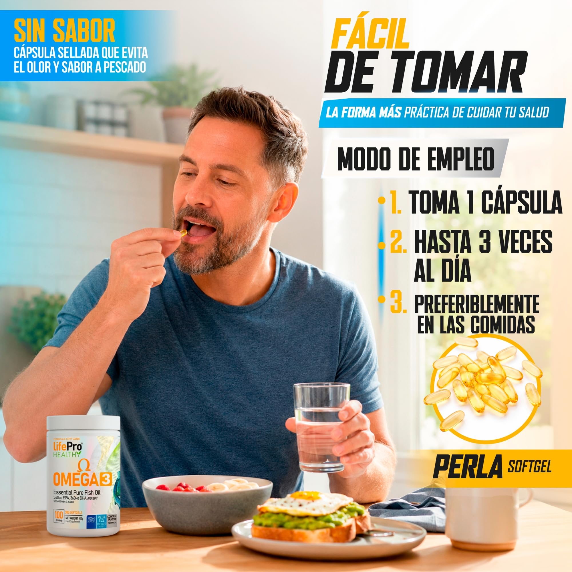 Life Pro Omega - 3000 mg, 300 capsule - Softgel di olio di pesce (EPA 540 mg + DHA 360 mg) per il benessere generale, scorta per 3-4 mesi - Senza glutine