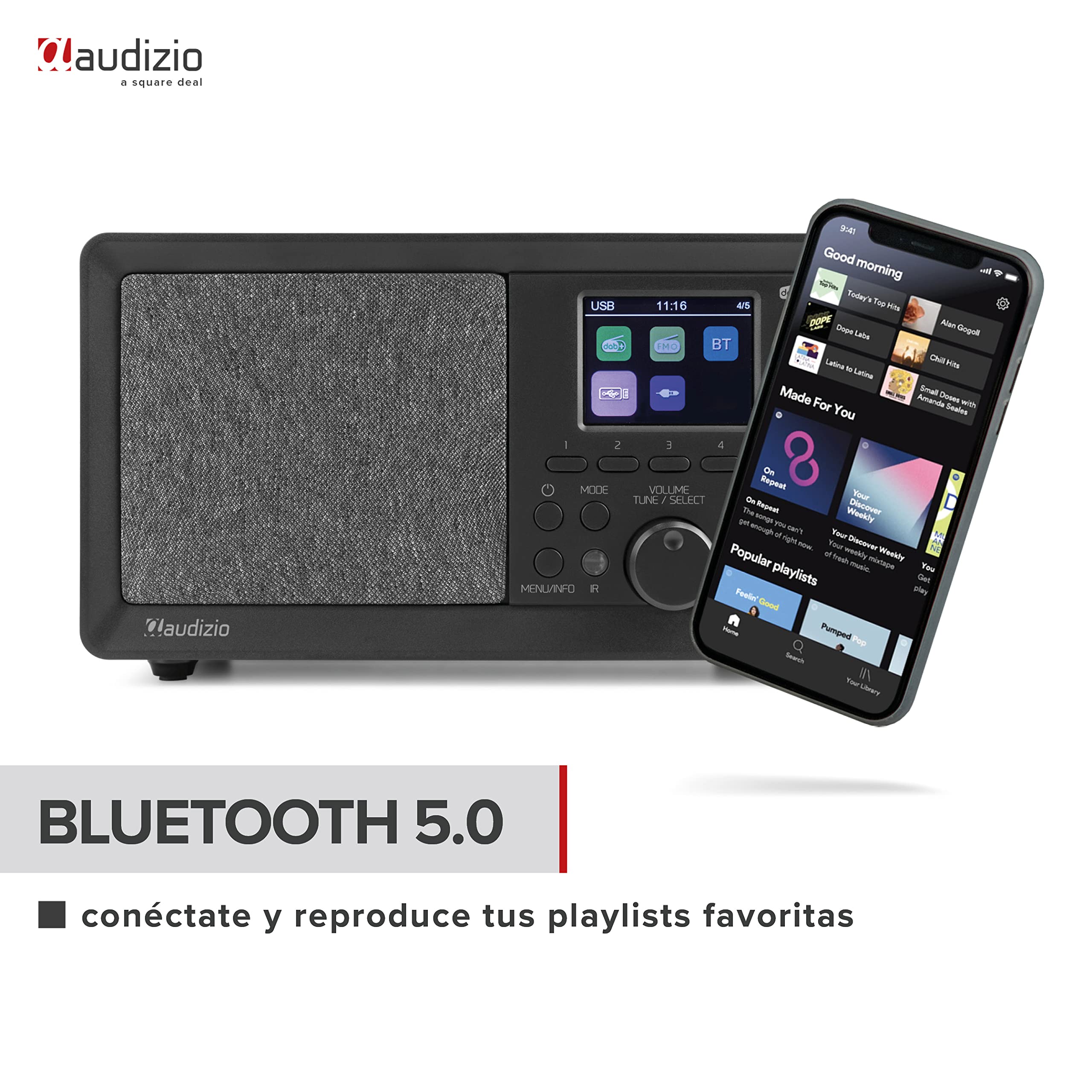 Audizio Padova, Radio compacta Retro Dab+ con Receptor FM, 40 W, Bluetooth para Streaming y Reproductor USB/MP3, DSP, Reloj Despertador, Temporizador de Apagado, Mando a Distancia - Marrón Madera