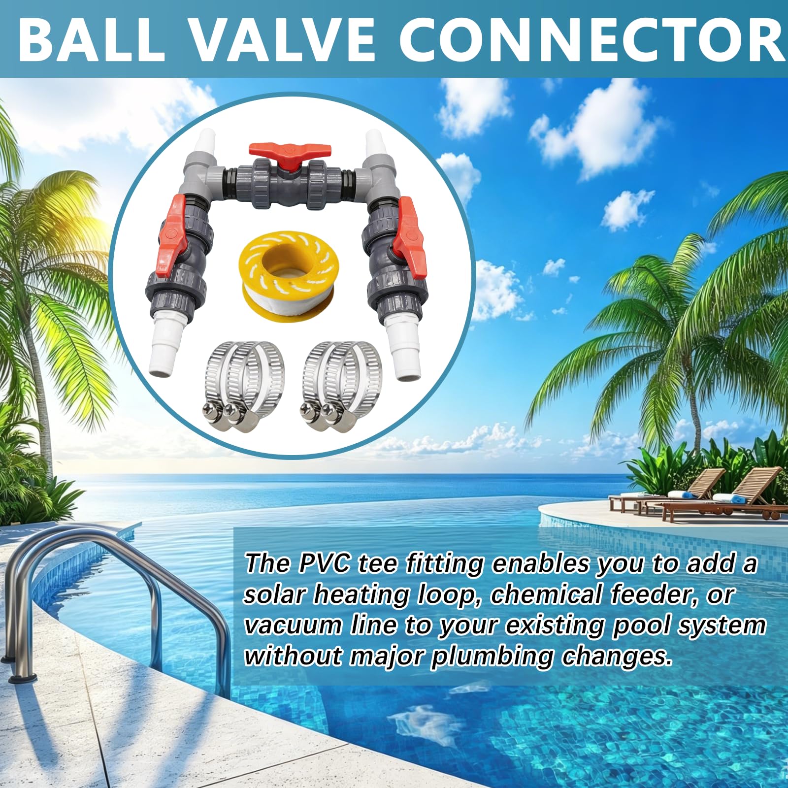 Kit De Derivación para Piscinas, Bombas De Calor Kit De Conexión para Calefacción De Piscinas con Válvulas De Bola De PVC 50mm Conectores En T Conectores De Tubería Mangueras 32mm/38mm