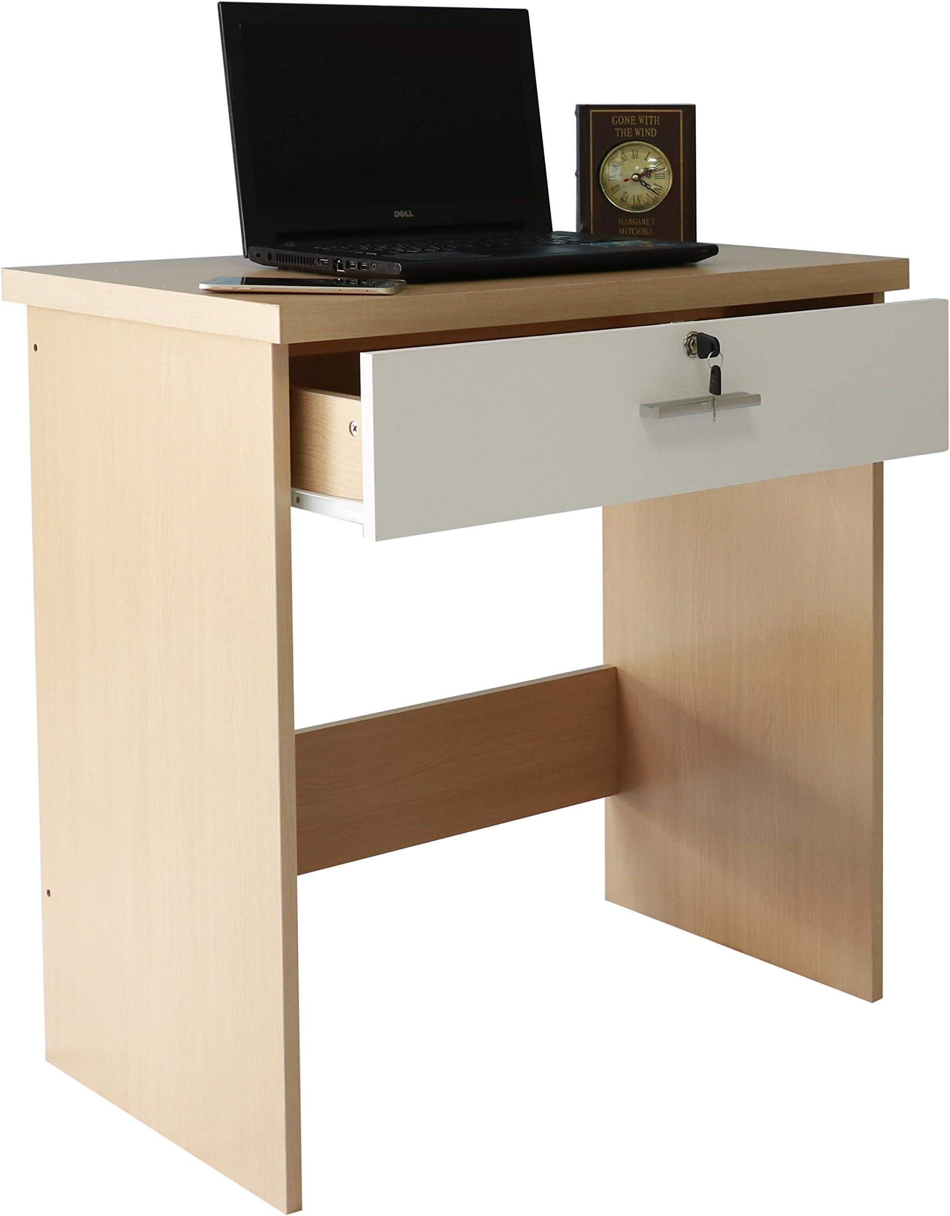Absolute Deal Limited Computer Desk with Key Lock Drawer Storage for Home Office Beech & White