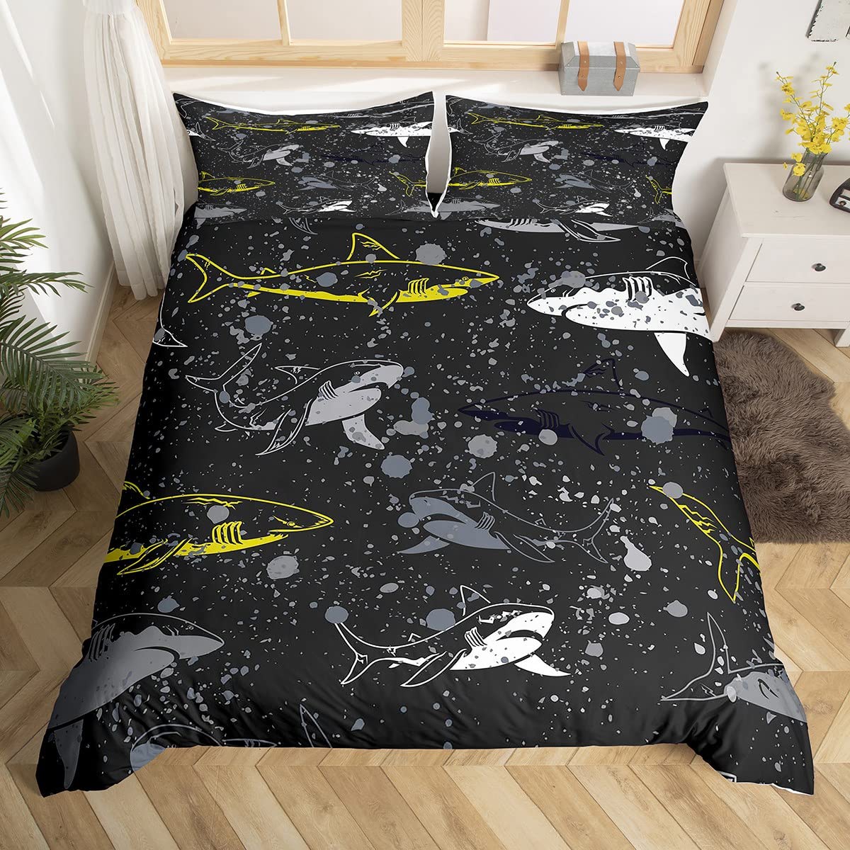 Housse de couette requin enfant garçon noir simple literie 140x200