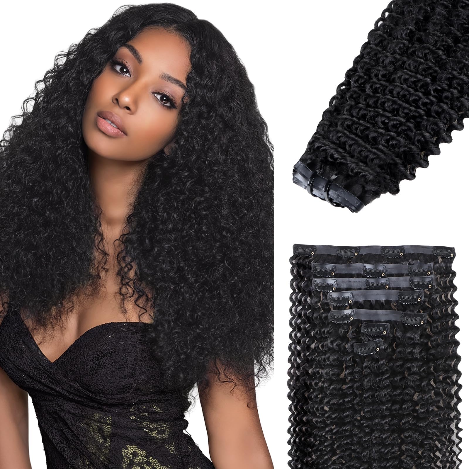 IDN BEAUTY Seamless Clip In Hair Extensions Human Hair, 3c 4a 4c Afro Kinky Curly 14 Inch 110g 7pcs Natural Black Seamless Curly Clip Ins Remy Hair