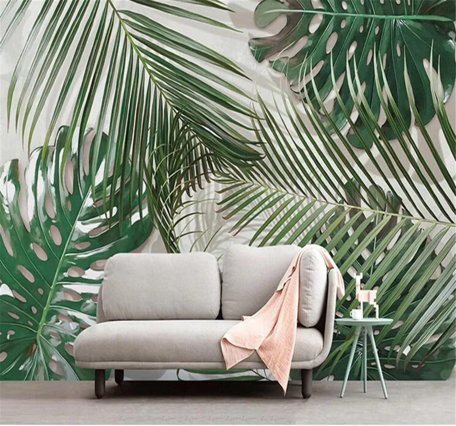 Tzxztt Minimalist Fresh Three Dimensional Plants Green Leaves Modern 3D Wallpaper Premium Textured Silk Neutral Tones Material Ideal for Living Room Bedroom-350cm×256cm